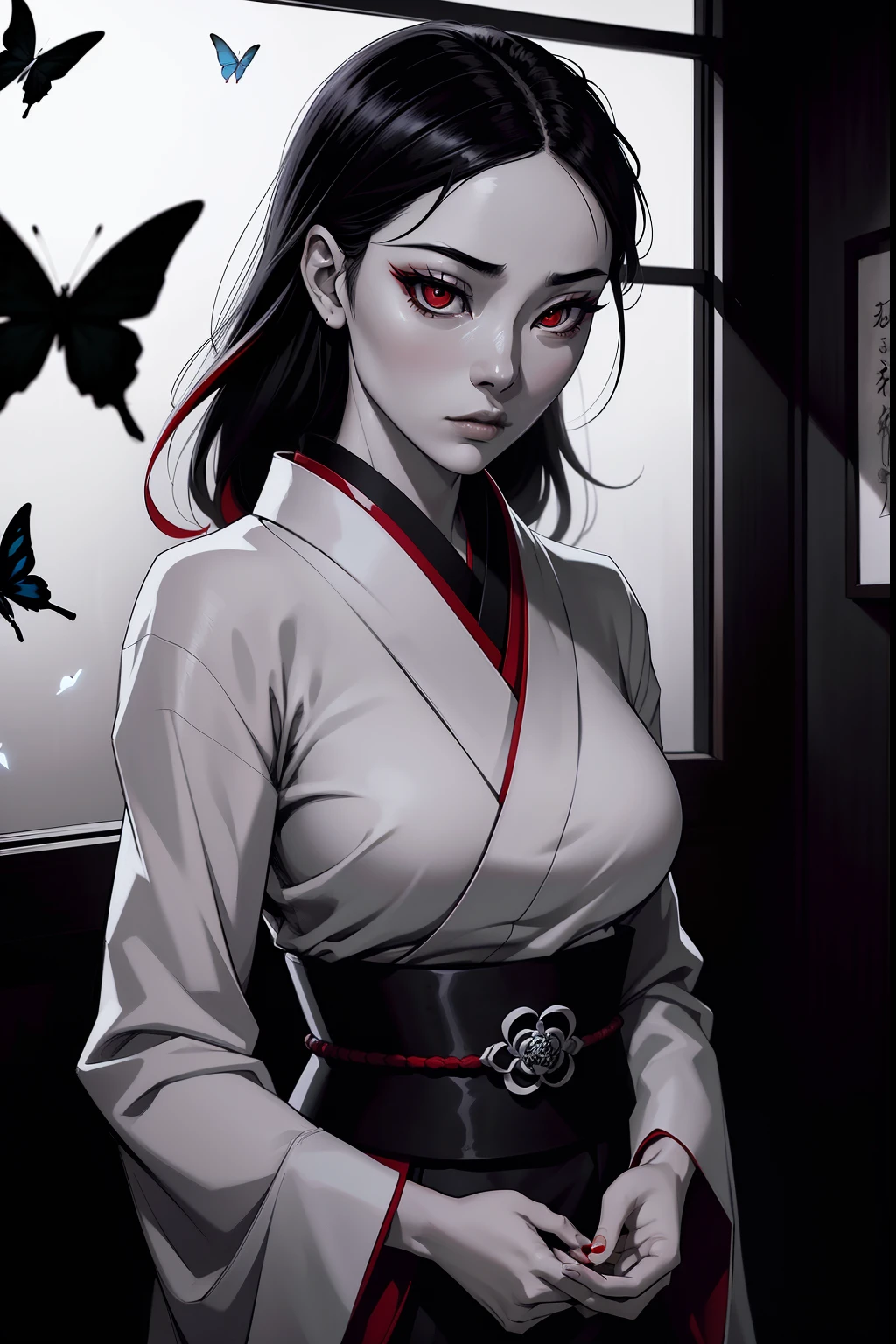 Tsugumi Shibata pose with Enma Ai froma a cover magazine : inspirede by Anime Jigoku Shoujo (best quality,4k,8k,highres,masterpiece:1.2),ultra-detailed,(realistic,photorealistic,photo-realistic:1.37),girl,dark,gothic,horror,beautiful detailed eyes,beautiful detailed lips,extremely detailed eyes and face,longeyelashes,pale skin,dark hair,intense gaze,sad expression,traditional Japanese clothing,loose kimono,black butterflies,creepy atmosphere,moonlit night,grayscale,subtle red tones,dramatic lighting,vivid red eyes.
