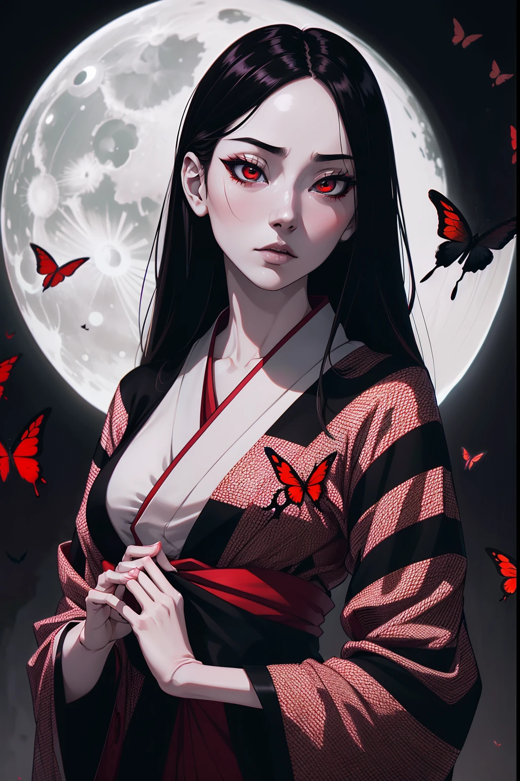 Tsugumi Shibata pose with Enma Ai froma a cover magazine : inspirede by Anime Jigoku Shoujo (best quality,4k,8k,highres,masterpiece:1.2),ultra-detailed,(realistic,photorealistic,photo-realistic:1.37),girl,dark,gothic,horror,beautiful detailed eyes,beautiful detailed lips,extremely detailed eyes and face,longeyelashes,pale skin,dark hair,intense gaze,sad expression,traditional Japanese clothing,loose kimono,black butterflies,creepy atmosphere,moonlit night,grayscale,subtle red tones,dramatic lighting,vivid red eyes.
