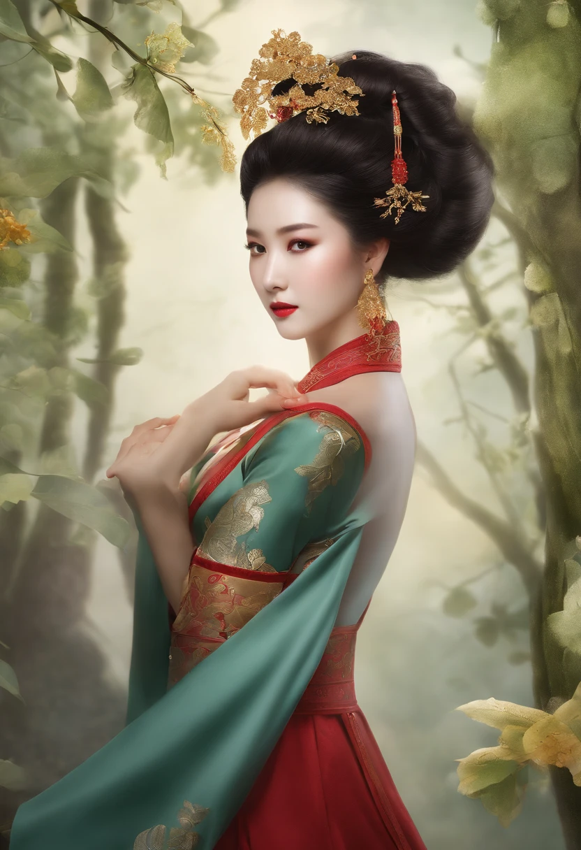 In the enchanting setting of ancient China, a handsome dancer stands out. Com suas linhas delicadas e trajes deslumbrantes, She embodies the elegance of the time. His shy face is adorned by willow leaf-shaped eyebrows, which adds a touch of relief to his expression. Her shoulder-length curly hair is a work of art, with gold leaf interlaced, evoking the feeling of flowing clouds.

It's like a watercolor painting in motion, com um toque gracioso ao seu redor. His gentle and meticulous eyes capture everyone's attention, while your makeup is a carefully chosen color scheme, enhancing its natural beauty. Their costumes are a masterpiece of refinement, inspirada nas obras de Gu Kaizhi e Zhang Xuan, with exquisite standards and a gradation of professional cores.

The depiction of this beautiful woman is characterized by the combination of realistic style with soft shadows, Creating a clean and sharp focus on your figure. A FLIM photograph captures its unique essence, offering a panoramic view of its stunning beauty.