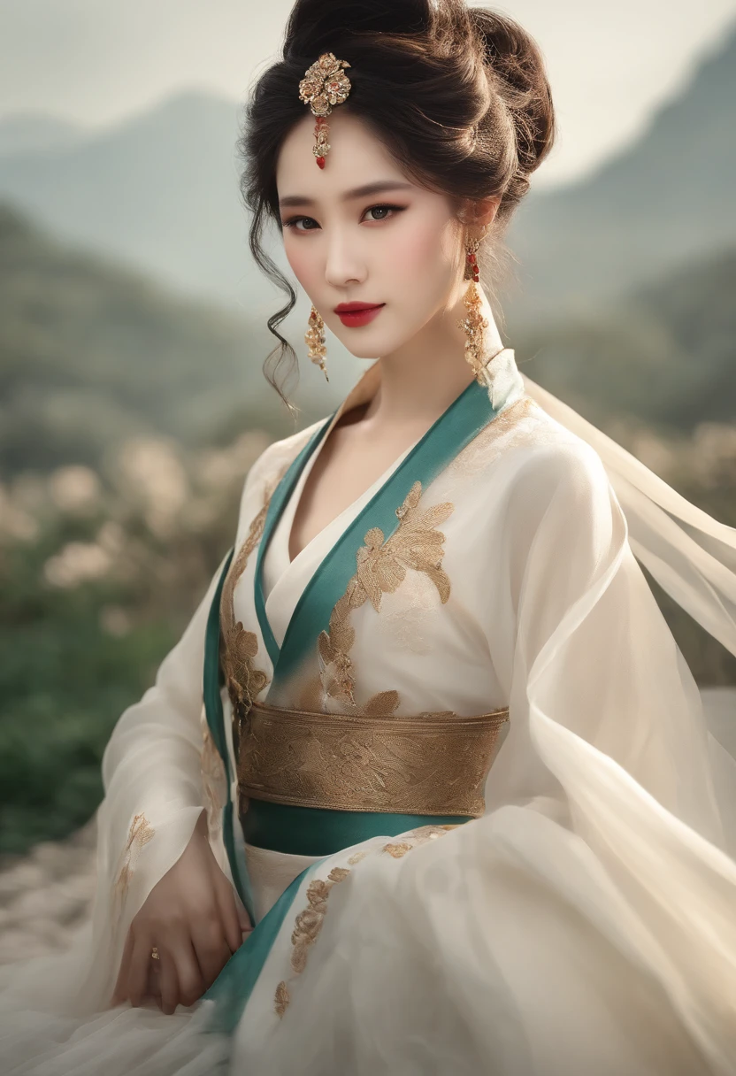 In the enchanting setting of ancient China, a handsome dancer stands out. Com suas linhas delicadas e trajes deslumbrantes, She embodies the elegance of the time. His shy face is adorned by willow leaf-shaped eyebrows, which adds a touch of relief to his expression. Her shoulder-length curly hair is a work of art, with gold leaf interlaced, evoking the feeling of flowing clouds.

It's like a watercolor painting in motion, com um toque gracioso ao seu redor. His gentle and meticulous eyes capture everyone's attention, while your makeup is a carefully chosen color scheme, enhancing its natural beauty. Their costumes are a masterpiece of refinement, inspirada nas obras de Gu Kaizhi e Zhang Xuan, with exquisite standards and a gradation of professional cores.

The depiction of this beautiful woman is characterized by the combination of realistic style with soft shadows, Creating a clean and sharp focus on your figure. A FLIM photograph captures its unique essence, offering a panoramic view of its stunning beauty.