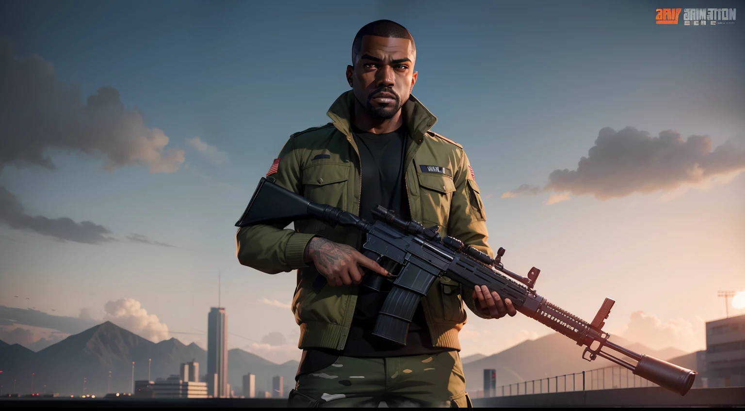 Army Clothing Man,Army clothing ,gta personagem, Como o protagonista de GTA 5, GTA V Estilo, como um personagem de gtav, corte de cabelo red,cabelo red,Kanye West em GTA v, Estilo GTA5, gta v personagem, empunhando fuzil de assalto,rifle in hand ,fuzil AK-47 ,gta 5 tom de pele negro,