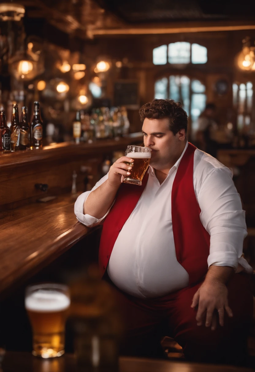 Make a man with obesity. 
Esse homem deve estar usando roupa vermelha.
Ele deve estar dentro de um bar. 
He's drinking beer.
Foto ultra realista, qualidade 8k, fullhd