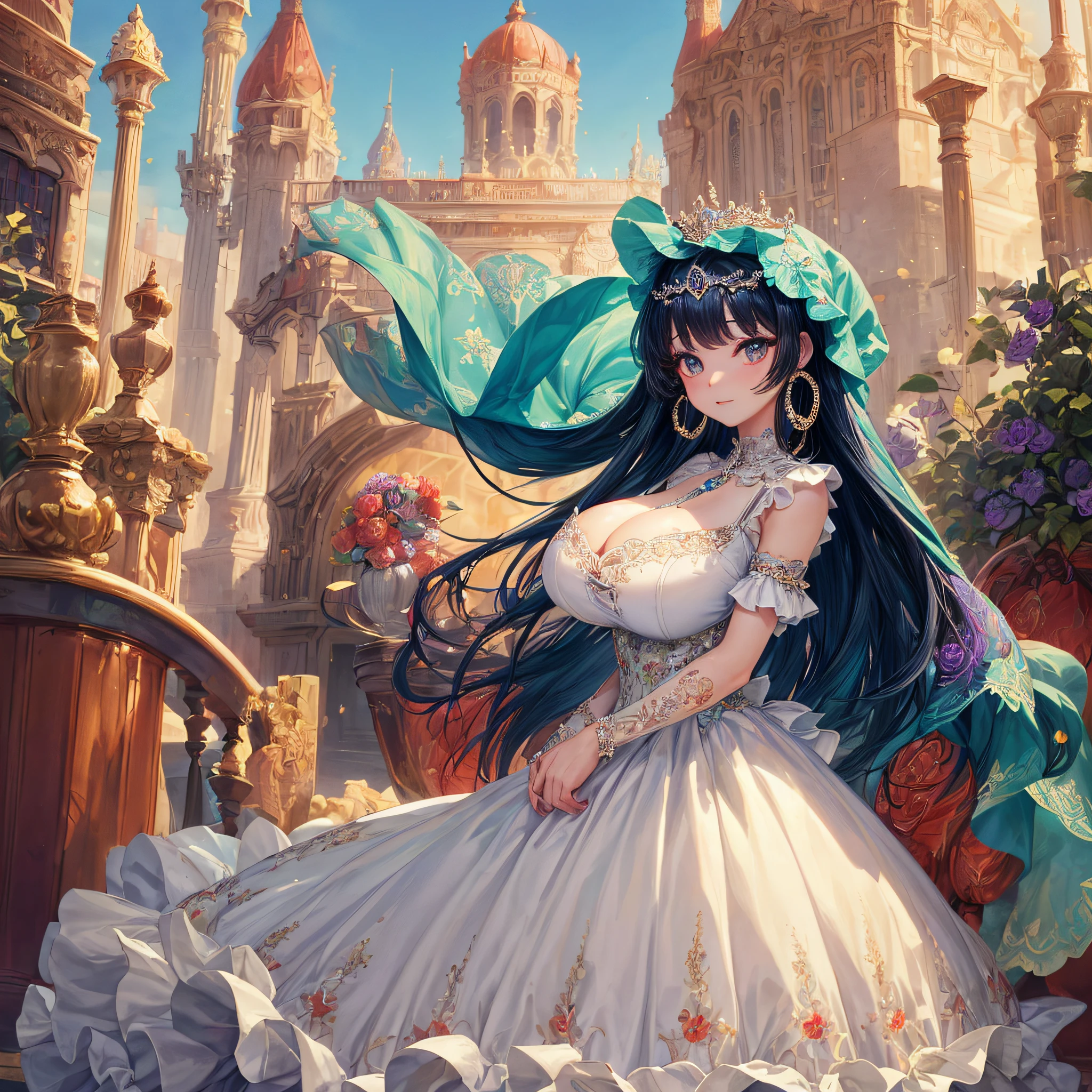 (masterpiece, best quality,extremely detailed:1.1),(moe anime art style:1.2),1girl,((full body)),((solo)), cute, kawaii,digital art,((1 bling-bling anime princess wearing beautiful embroidery and jeweled ruffled gorgeous princess ballgown with voluminous full length hoop skirt)),((crinoline)),long train,voluminous frills,(gorgeous embroidery and beautiful lace),((very gigantic boobs,skindentation)),cleavage,shiny hair,(((very long straight hair))),((finely detailed face and eyes)),clear pupil,extremely gorgeousfull hair ornament,(bling-bling jeweled extremely gorgeousfull tiara),(bling-bling gorgeous gemstone jewelry),long veil,beautiful background,fantasy garden,flowers,flower petals flowing,full body,((beautiful embroidery and jeweled ruffled gorgeous princess ballgown with voluminous full length hoop skirt))