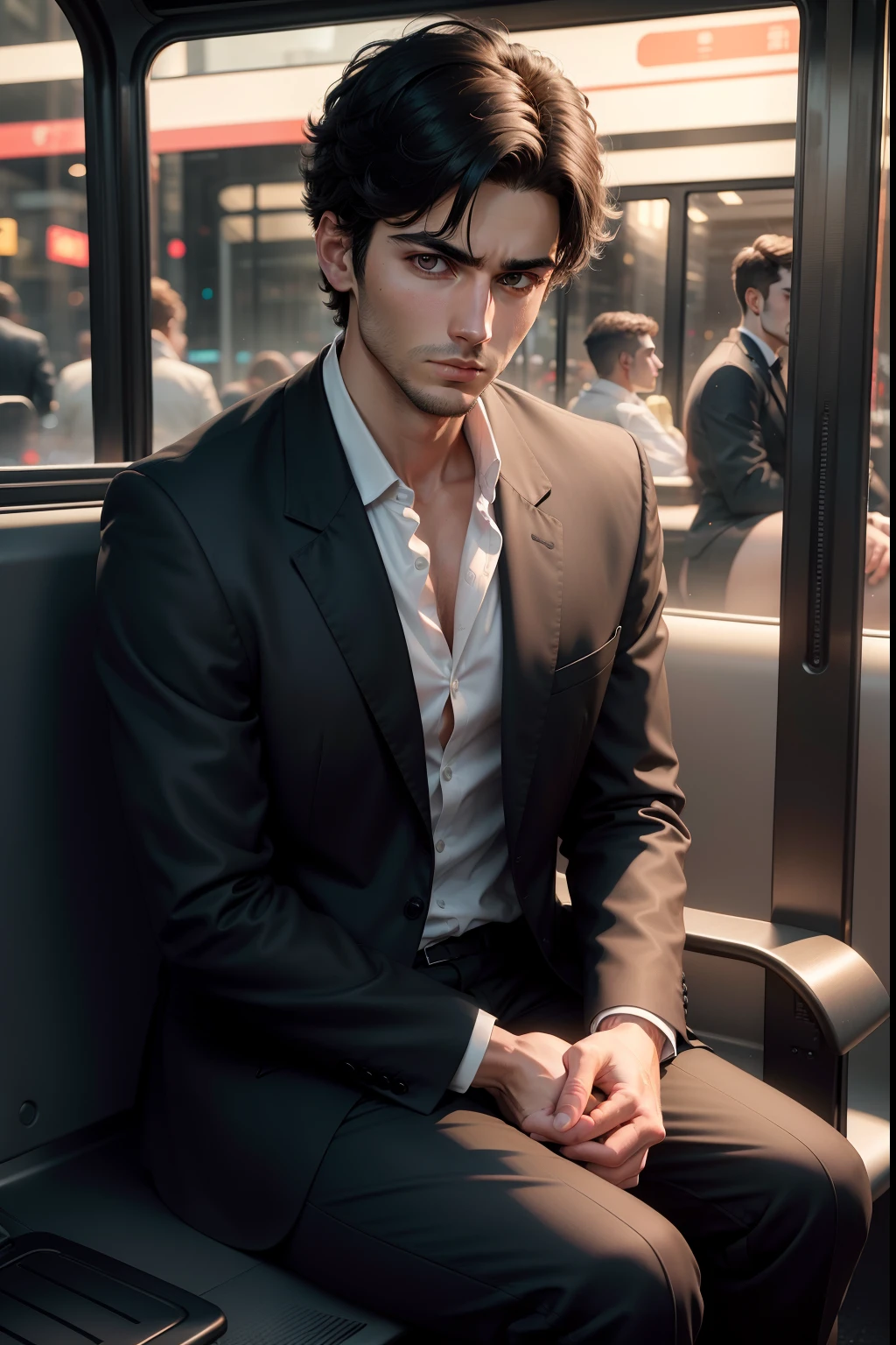 realistic 8k image of a 25-year-old man, short black hair, dressed in a black blazer and a white blouse underneath, tense expression, sitting on a bus bench, night scene