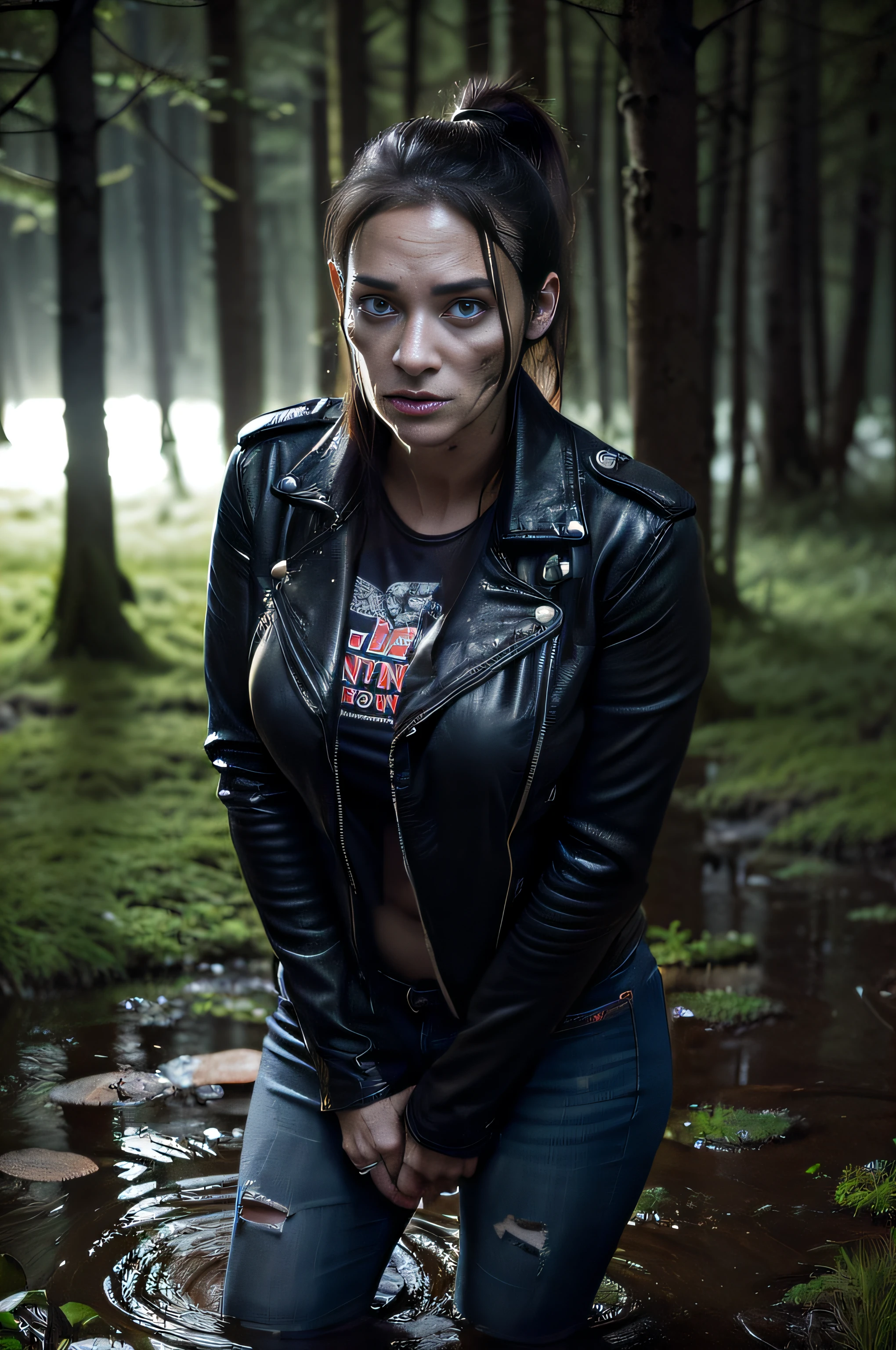 "(Best Quality,hight resolution:1.2),The woman,Expressive wrinkles,Bob haircut,jeans skirt,blouse,dark lace stockings with garters, ( drowning in a swamp:1.2),Detailed eyes and face,expression of despair,Dark and moody lighting,ominous vibe,Weak-willed self-destruction,trap, Imminent Doom"