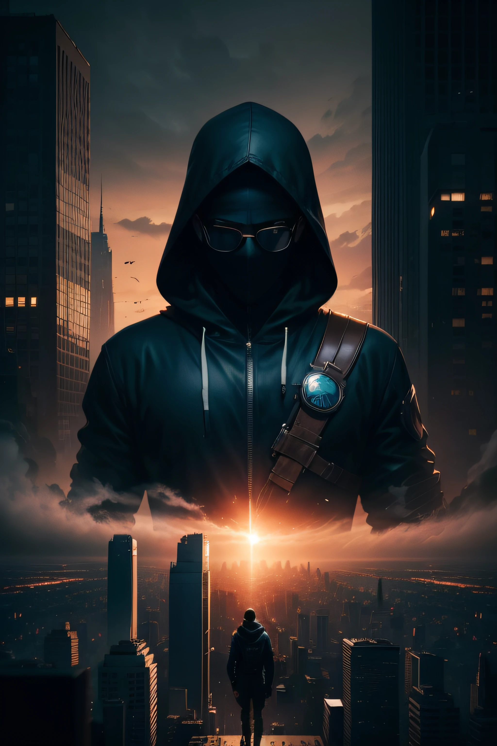 book cover, 8k image quality, the hero suffers from a disease caused by daylight, which forces him to wear protective glasses, the silhouette of a man with a hood, full shot, facing the viewer, alone in the frame, super details of the image, surreal, background with the city at night frame from the ground level