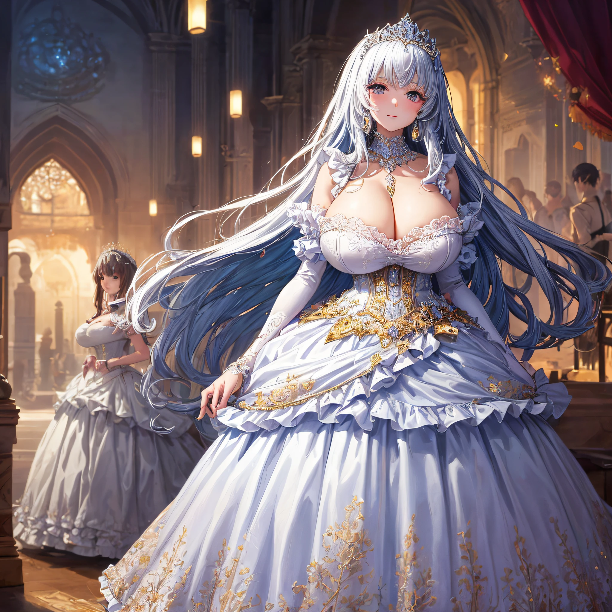 (masterpiece, best quality,extremely detailed:1.1),(moe anime art style:1.2),1girl,((full body)),((solo)), cute, kawaii,digital art,((1 bling-bling anime princess wearing beautiful embroidery and jeweled ruffled gorgeous princess ballgown with voluminous full length hoop skirt)),((crinoline)),long train,voluminous frills,(gorgeous embroidery and beautiful lace),((very gigantic boobs,skindentation)),cleavage,shiny hair,(((very long straight hair))),((finely detailed face and eyes)),clear pupil,extremely gorgeousfull hair ornament,(bling-bling jeweled extremely gorgeousfull tiara),(bling-bling gorgeous gemstone jewelry),long veil,beautiful background,fantasy background,flowers,flower petals flowing,full body,((beautiful embroidery and jeweled ruffled gorgeous princess ballgown with voluminous full length hoop skirt))