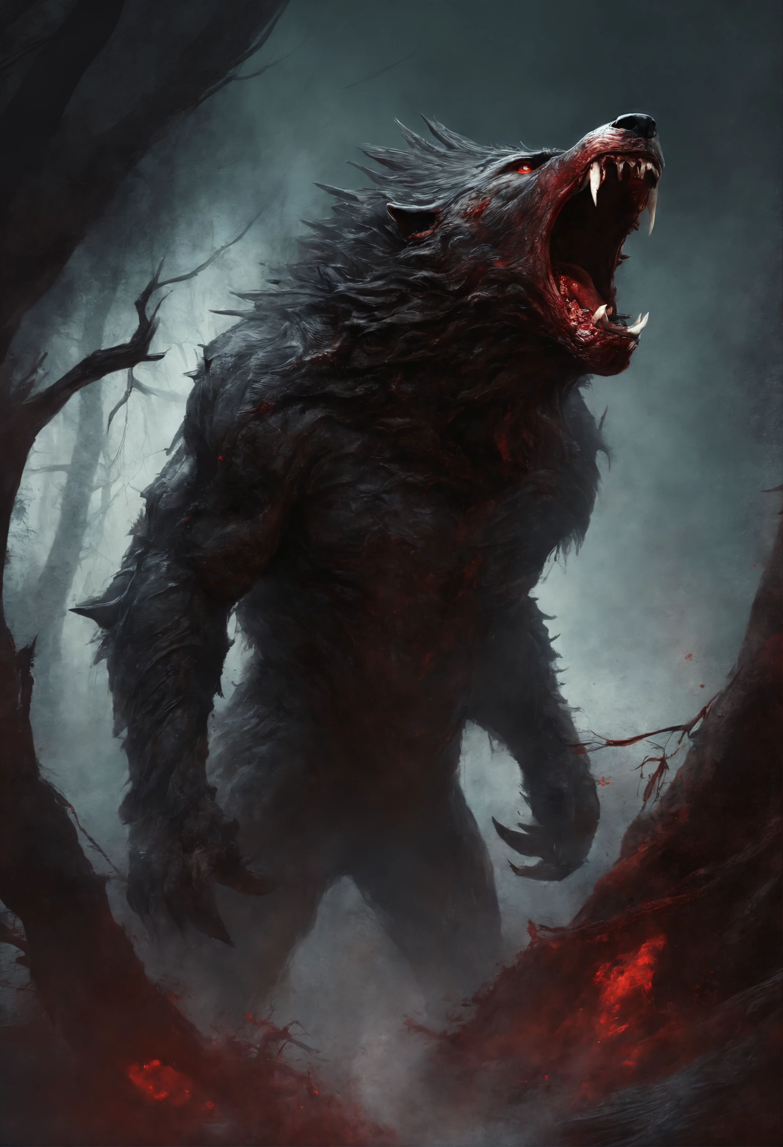 Uma pintura de um lobo realmente mest, with a bloodied face and a bloody head, carnificina, Sci - Horror Art of Fiction, Science fiction horror art, inspirado em Aleksi Briclot, Presas da carnificina, arte de fantasia de terror, Directed by: Aleksi Briclot, arte conceitual de terror, veneno, Arte de fantasia e terror, Detailed illustration of 4K horror, demonic creature, arte de terror de fantasia sombria