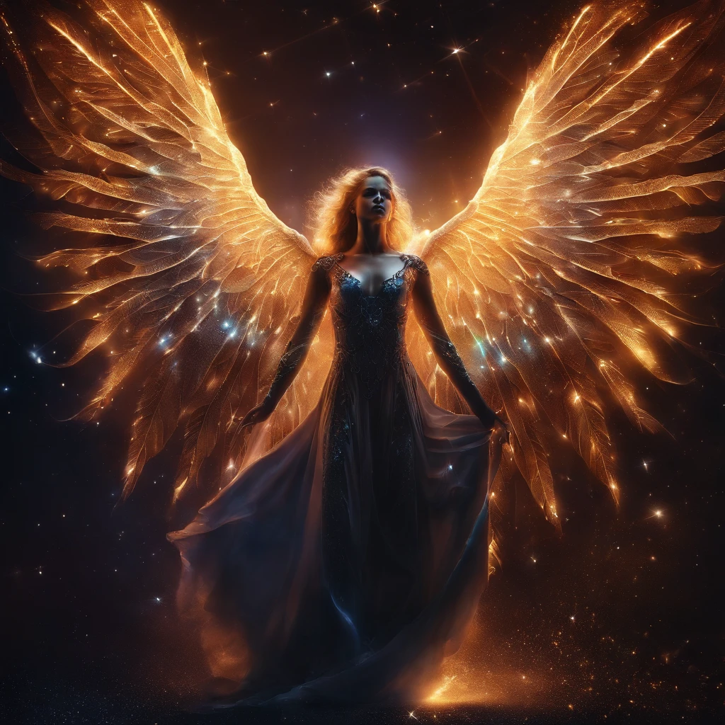 cosmic fallen angel, olhos claros brilhantes, Biomechanicals, estranho, assustador, Pesadelo, cores muito brilhantes, light particles, com luz brilhante, Mshiff, Arte do papel de parede, Papel de parede UHD