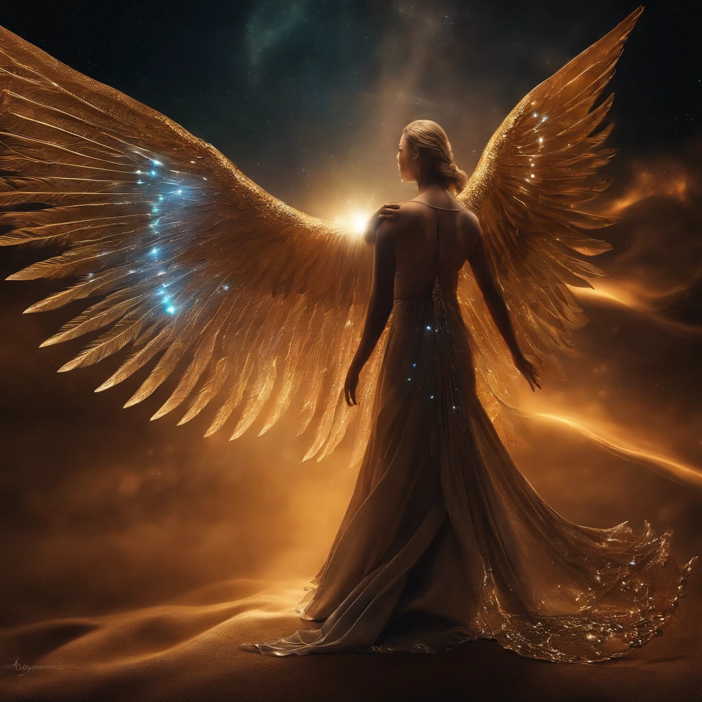 cosmic fallen angel, olhos claros brilhantes, Biomechanicals, estranho, assustador, Pesadelo, cores muito brilhantes, light particles, com luz brilhante, Mshiff, Arte do papel de parede, Papel de parede UHD