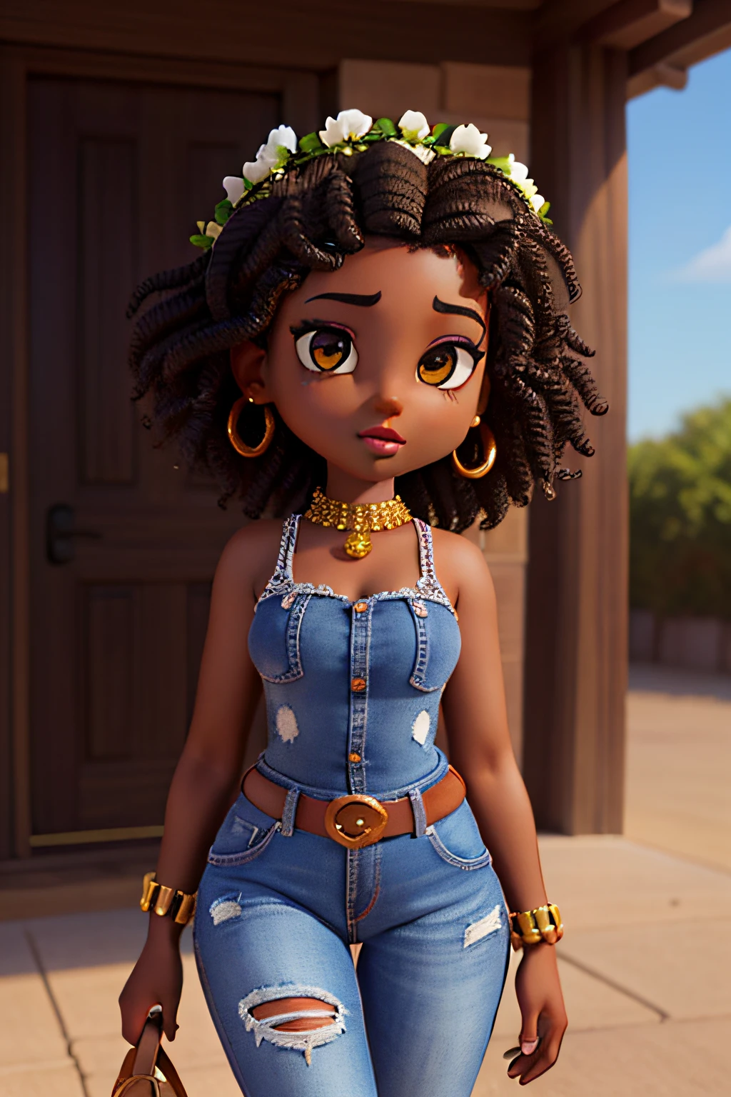 1girl african african dark brown skin:5, realistic shadows, detailed skin, sparkling eyes, curly black hair, very detailed, highly detailed 8k face, perfect face shape, perfect full lips, perfect nose, correct beautiful eyes, observant, dress bridal:3.45, hair flowers, masterpiece, best quality, single, jeans, alone, chibi digital