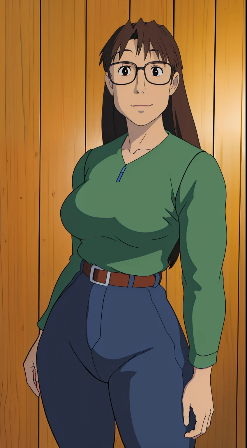 Koyomi Mizuhara, brown hair, long hair, face, nose, bangs, realistic lips, brown eyes, glasses, light green shirt, large breasts, waist, belt, bubble butt, blue cut legging, skin tight, shoes, Wallpaper, back of view, looking back, smirking