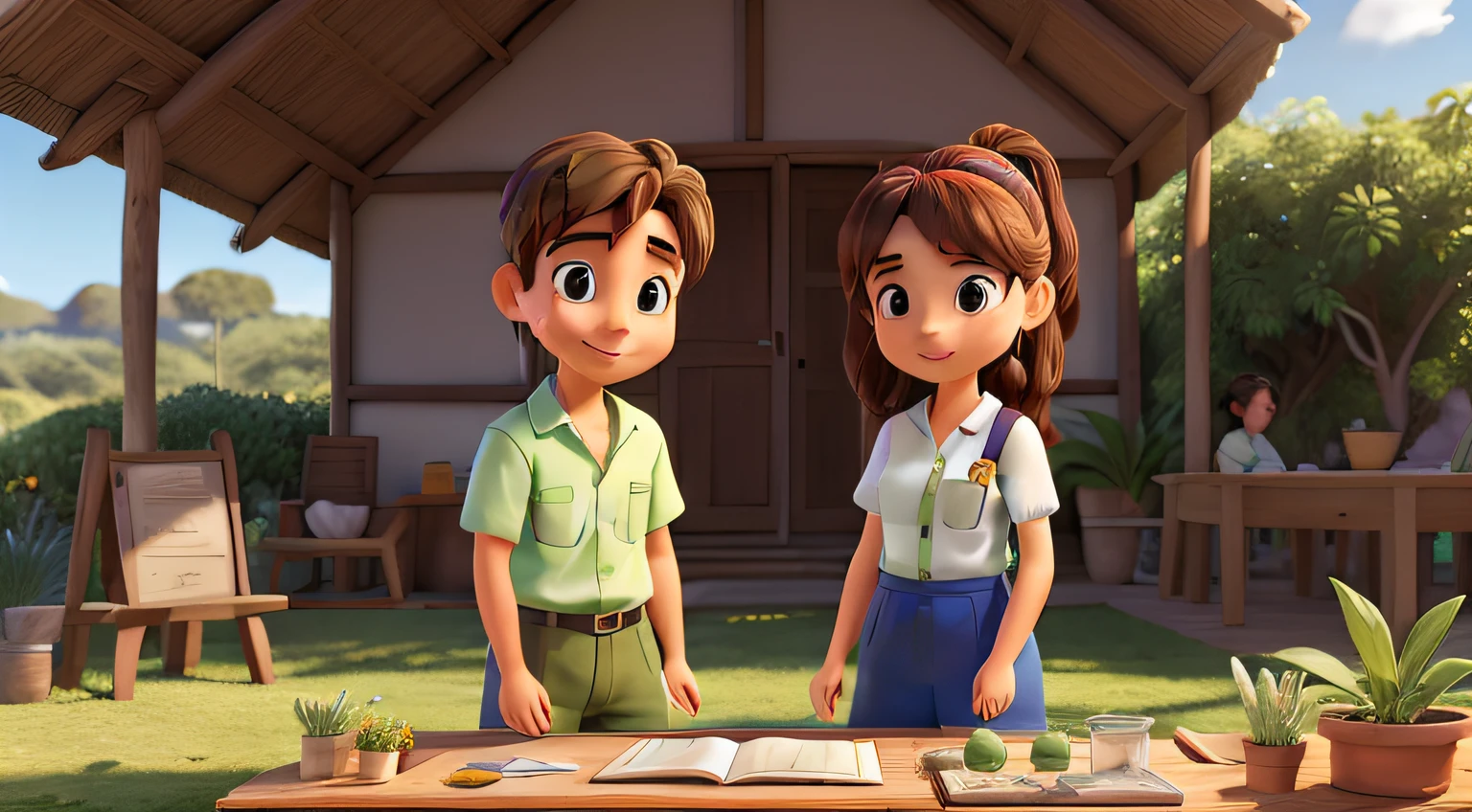 Generate an image of adult , dressed as biologists, trabalhando no campo, coletando amostras de plantas e estudando a fauna local. A cabana se destaca no fundo, a symbol of his long-standing commitment to research and nature.