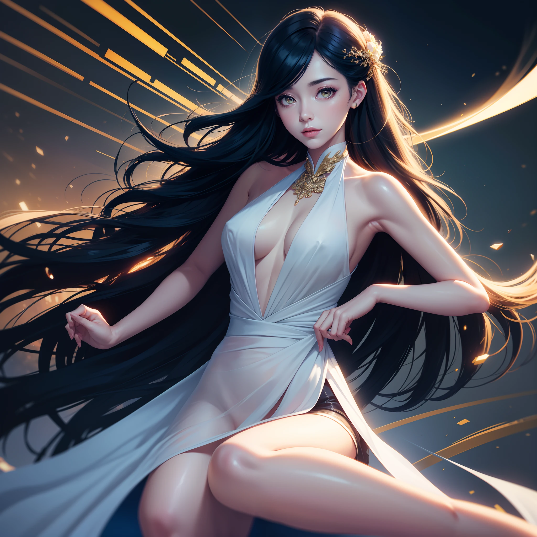 an alone mature girl with long blue and yellow eyes sitting on the bed and spread leg , night, High detail mature face, tie hair on the left side, golden eyes, bare leg, bare shoulder, white noble priest dress, high res, ultra sharp, 8k, masterpiece, smiling, fantasy world, magical radiance background ((Best quality)), ((masterpiece)), 3D, HDR (High Dynamic Range),Ray Tracing, NVIDIA RTX, Super-Resolution, Unreal 5,Subsurface scattering, PBR Texturing, Post-processing, Anisotropic Filtering, Depth-of-field, Maximum clarity and sharpness, Multi-layered textures, Albedo and Specular maps, Surface shading, Accurate simulation of light-material interaction, Perfect proportions, Octane Render, Two-tone lighting, Wide aperture, Low ISO, White balance, Rule of thirds,8K RAW, Aura, masterpiece, best quality, Mysterious expression, magical effects like sparkles or energy, flowing robes or enchanting attire, mechanic creatures or mystical background, rim lighting, side lighting, cinematic light, ultra high res, 8k uhd, film grain, best shadow, delicate, RAW, light particles, detailed skin texture, detailed cloth texture, beautiful face, 
(masterpiece), best quality, expressive eyes, perfect face,