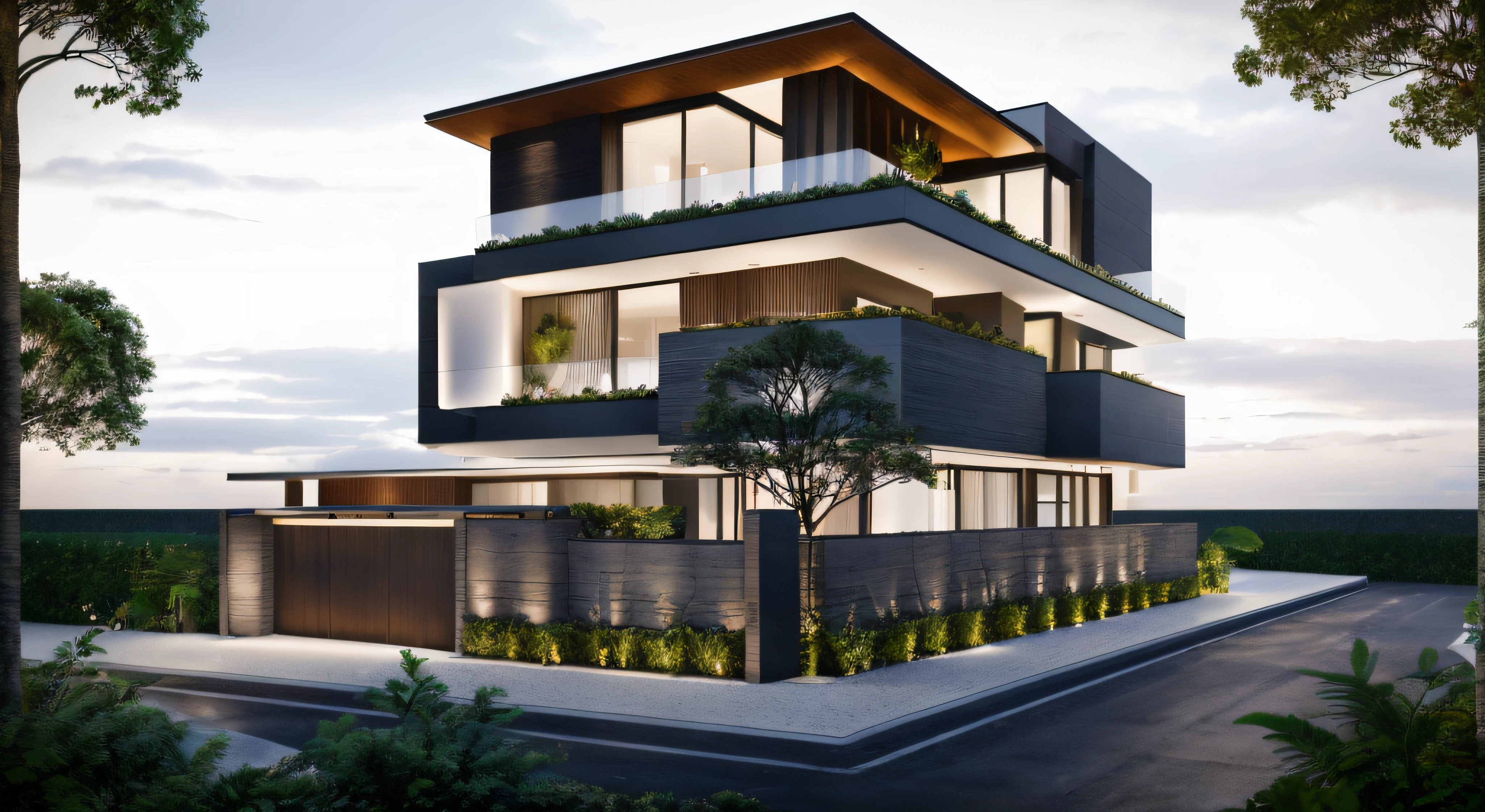 a view of a modern home with a large front yard, day light, white light:1.3, main material by glossy white wall and black stone and wood,  1 road runs in front of the house,  (RAW photo, real, best quality, masterpiece:1.2), look morden minimalist, 1 road in front of the house, shime ring light, light brighteness from indoor:1.2, dynamic lighting:1.3, (hyper realistic, photo-realistic:1.2), high quality, day lighht, hight contrast :0.5 perfect lighting, archdaily,  award winning contemporary, contemporary masterpiece, well-designed masterpiece, large modern residence, neotraditional modern, wide angle exterior 2022, midcentury modern, contemporary house, hip modern vibe, a long-shot from front, award winning modern design, stunning lines, residential, subtle detailing