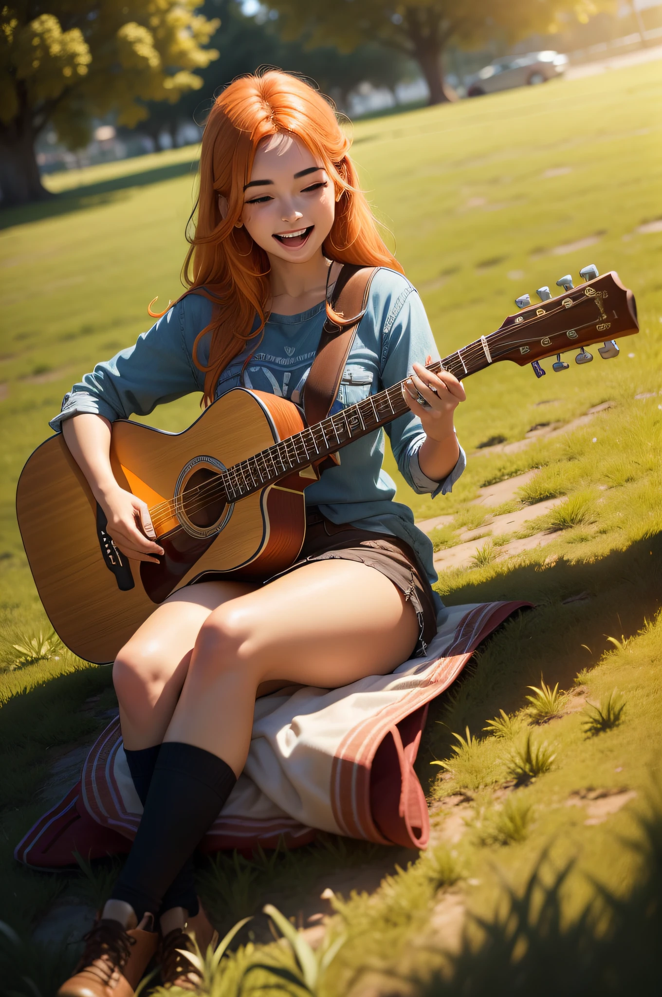 20 year old turkish female sophia garcia,Orange hair brown eyes,acoustic guitar,playing guitar,sitting on grass,Very wide open mouth,happy laughing,big laughter,ultra realistic, mature body, mature features