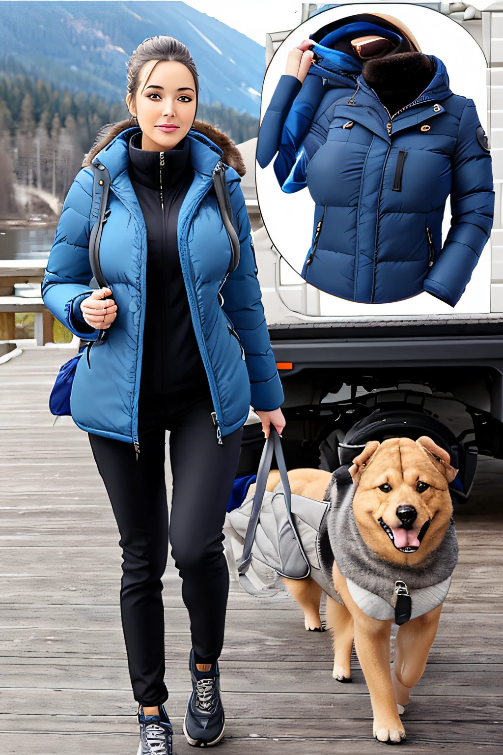Make a woman with big breast, Blue long winterjacket , with open zipper, with face, body, Lakeside house, travel bag, black pants, dog