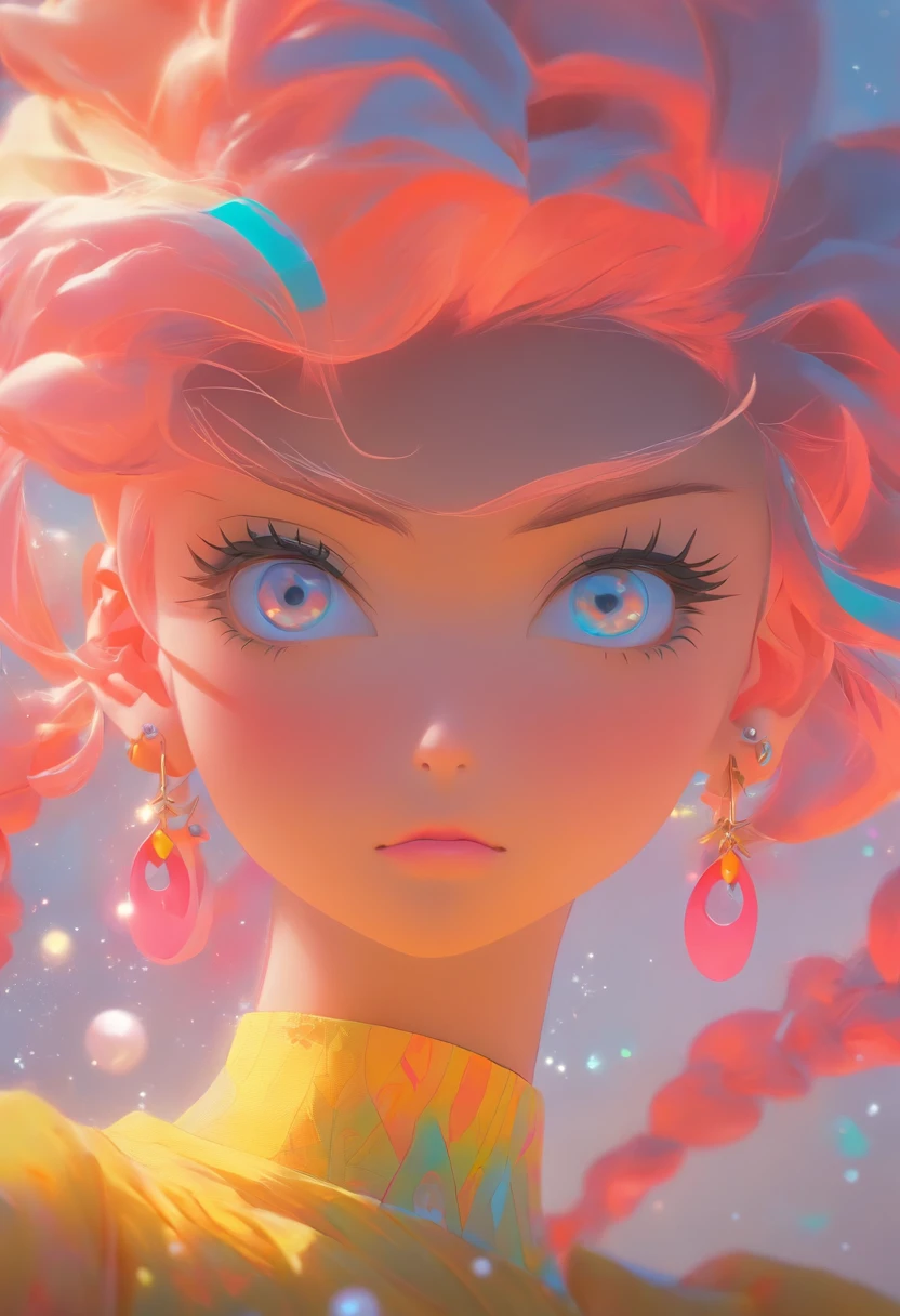 Kizi,Stylish hairstyle,Mean eyes,Maximalism,Soft tonal transitions,Crisp and delicate,solid color backdrop,Graphic design,frontage,symetrical composition,elaborate earrings,pearls,flatillustration。geomerty,Minimalism - 3:4- Stylistic expression,Flat style
