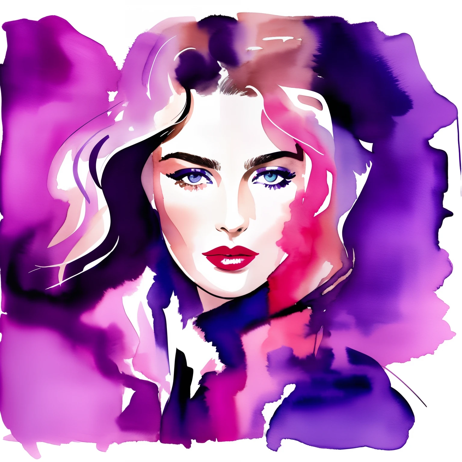 David downton fashion illustration, abstract image, woman light brown blonde thin hair french bob, blue eyes, pink lipstick, purple jacket, andreea diaconu, theater, paris night lights, watercolor, elegant, dynamic