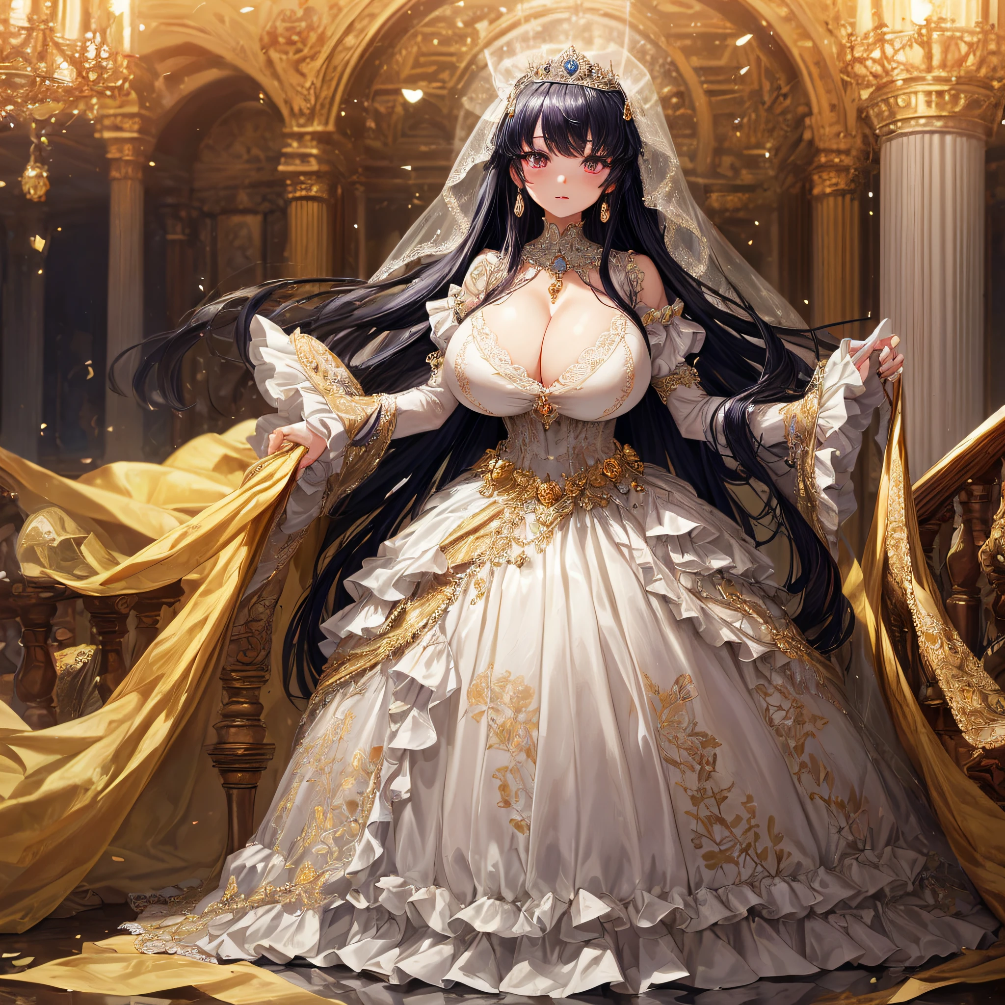 (masterpiece, best quality,extremely detailed:1.1),(moe anime art style:1.2),1girl,(full body),(((solo))), cute, kawaii,digital art,((1 bling-bling anime princess wearing beautiful embroidery and jeweled ruffled gorgeous princess ballgown with voluminous full length hoop skirt)),((crinoline)),long train,voluminous frills,(gorgeous embroidery and beautiful lace),((very gigantic boobs,skindentation)),cleavage,shiny hair,(((very long straight hair))),((finely detailed face and eyes)),clear pupil,extremely gorgeousfull hair ornament,(bling-bling jeweled extremely gorgeousfull tiara),(bling-bling gorgeous gemstone jewelry),long veil,beautiful background,fantasy background,flowers,flower petals flowing,full body,((beautiful embroidery and jeweled ruffled gorgeous princess ballgown with voluminous full length hoop skirt))