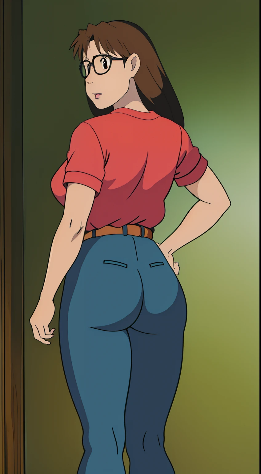 Koyomi Mizuhara, brown hair, long hair, face, nose, bangs, realistic lips, brown eyes, glasses, light green shirt, large breasts, waist, belt, bubble butt, blue cut legging, skin tight, shoes, Wallpaper, back of view, looking, view from behind, tongue drop