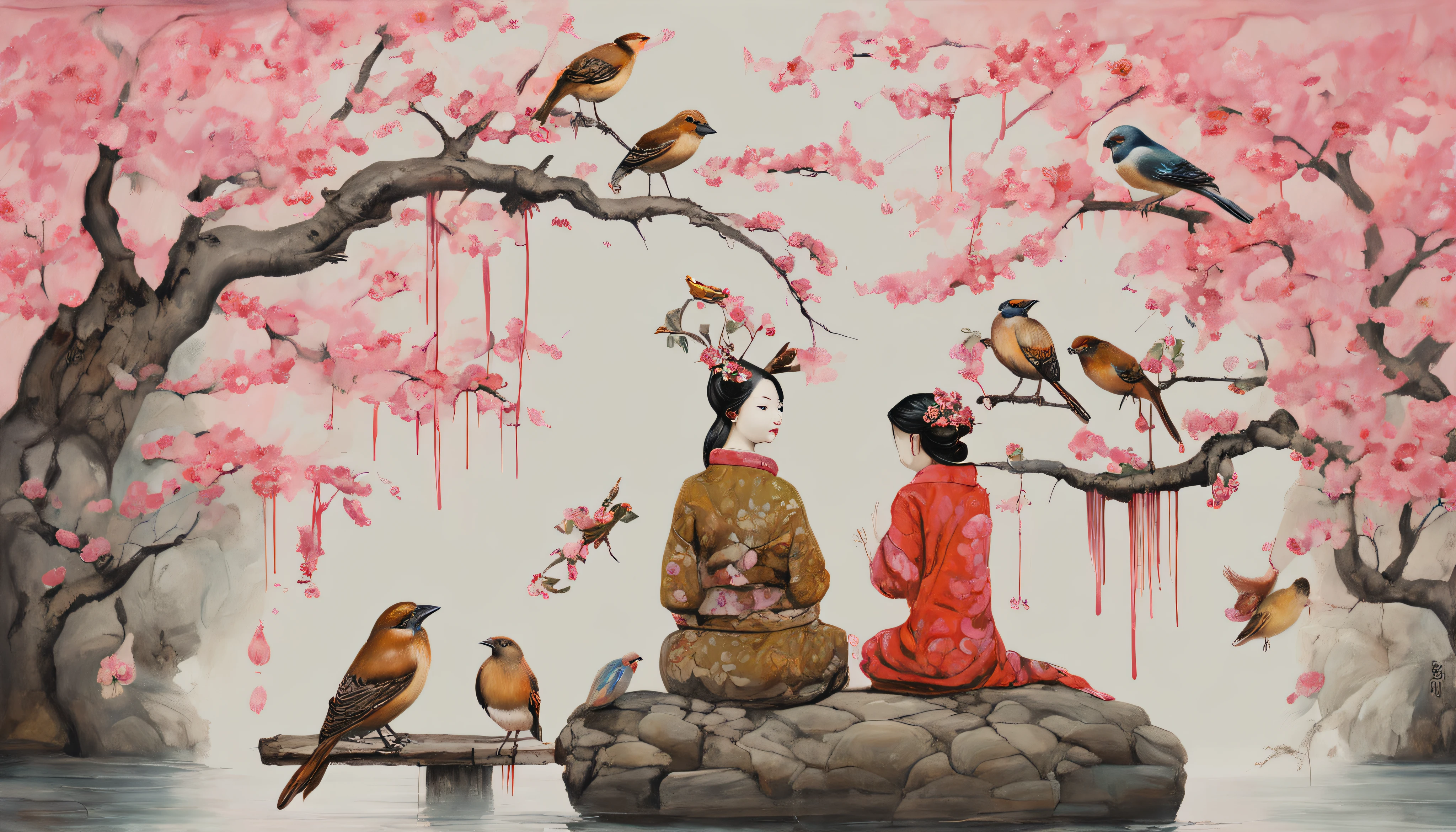 Japanese Female Shrine Goddess behind Japanese tori gate, Sunshine, sparrow chirping around, sitting on a stone at the center of water, one sparrow sitting on index finger, sparrow on girl head, pink cherry blossom leaves falling from the tree, pink eye pupils. pink hair, deer eating grass