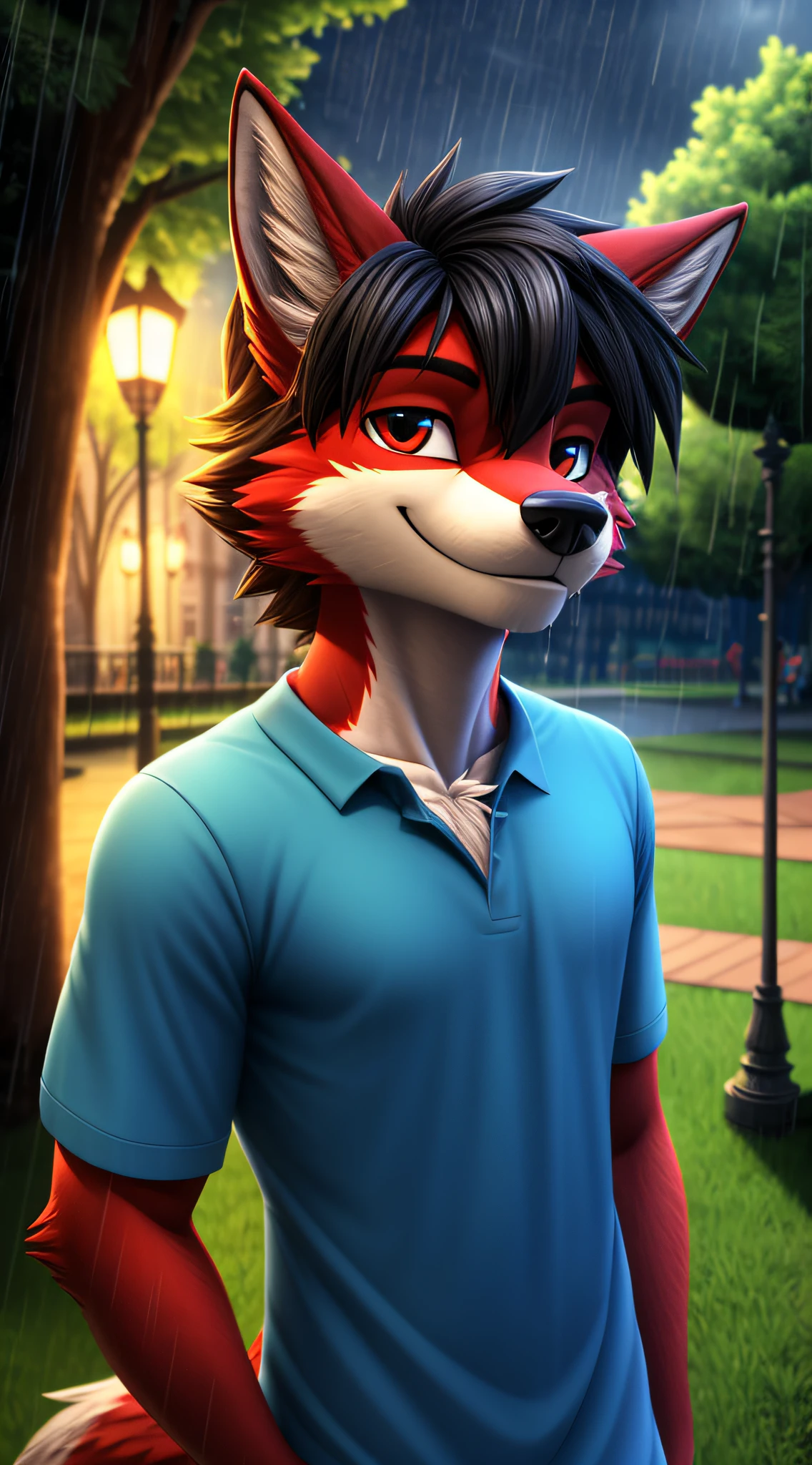 masterpiece, high-res, high definition, high resolution, best quality, anthro, red furred male wolf, red wolf, red fur, with short black hair, wearing a blue tunic, in the park, smiling, best illumination, raining day, 3D, male, solo, no group, no multiple, no double
