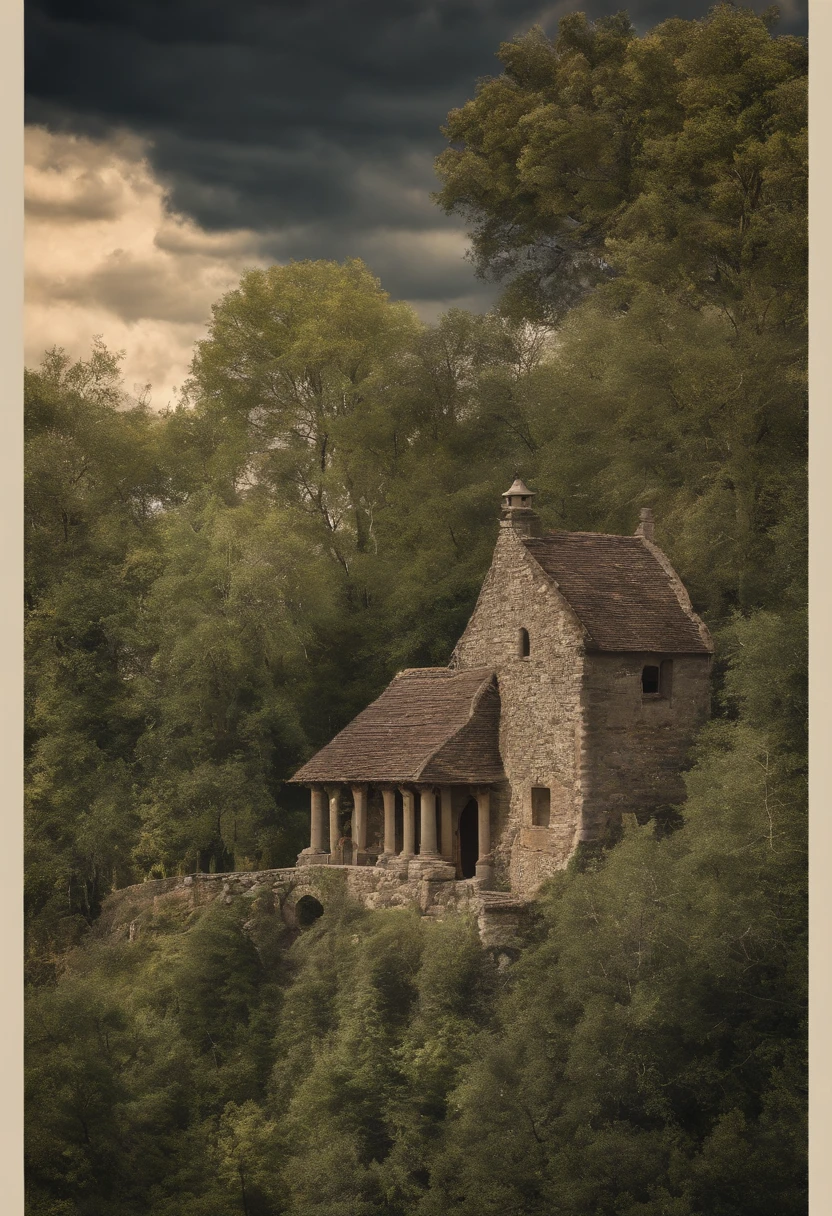 ((obra-prima)),((melhor qualidade)),((detalhe alto)),((realista,)) ((ultra detalhado)) paisagem de uma pequena cidade medieval, cartoonist illustration, vista aerea, beautiful sky, nuvens deformadas, 1.3:pine trees, torres, Cinematographic shot, vista de um drone