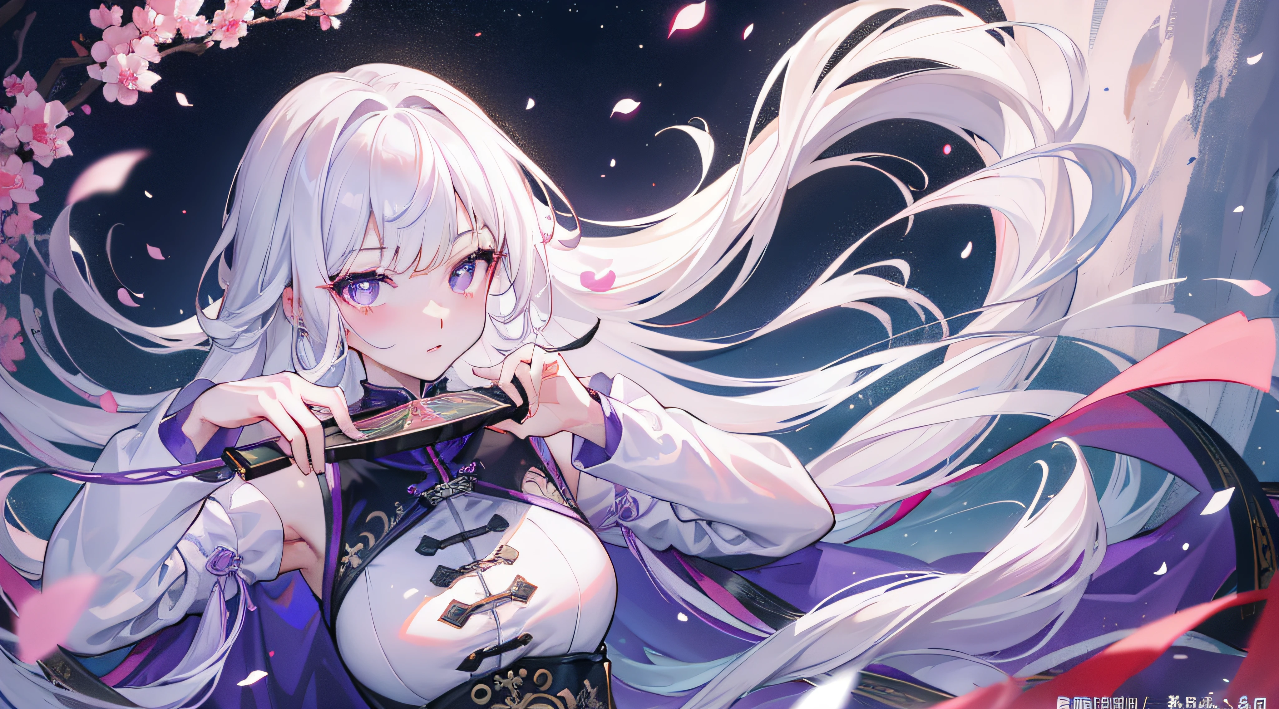 8K, masterpiece, best quality, night, full moon, 1 girl, Chinese style, Chinese architecture, mature woman, sister, silver white long haired woman, long hair, light pink lips, calm, rational, bangs, purple pupils, assassin, fan, knife fan, petal dancing, delicate face,