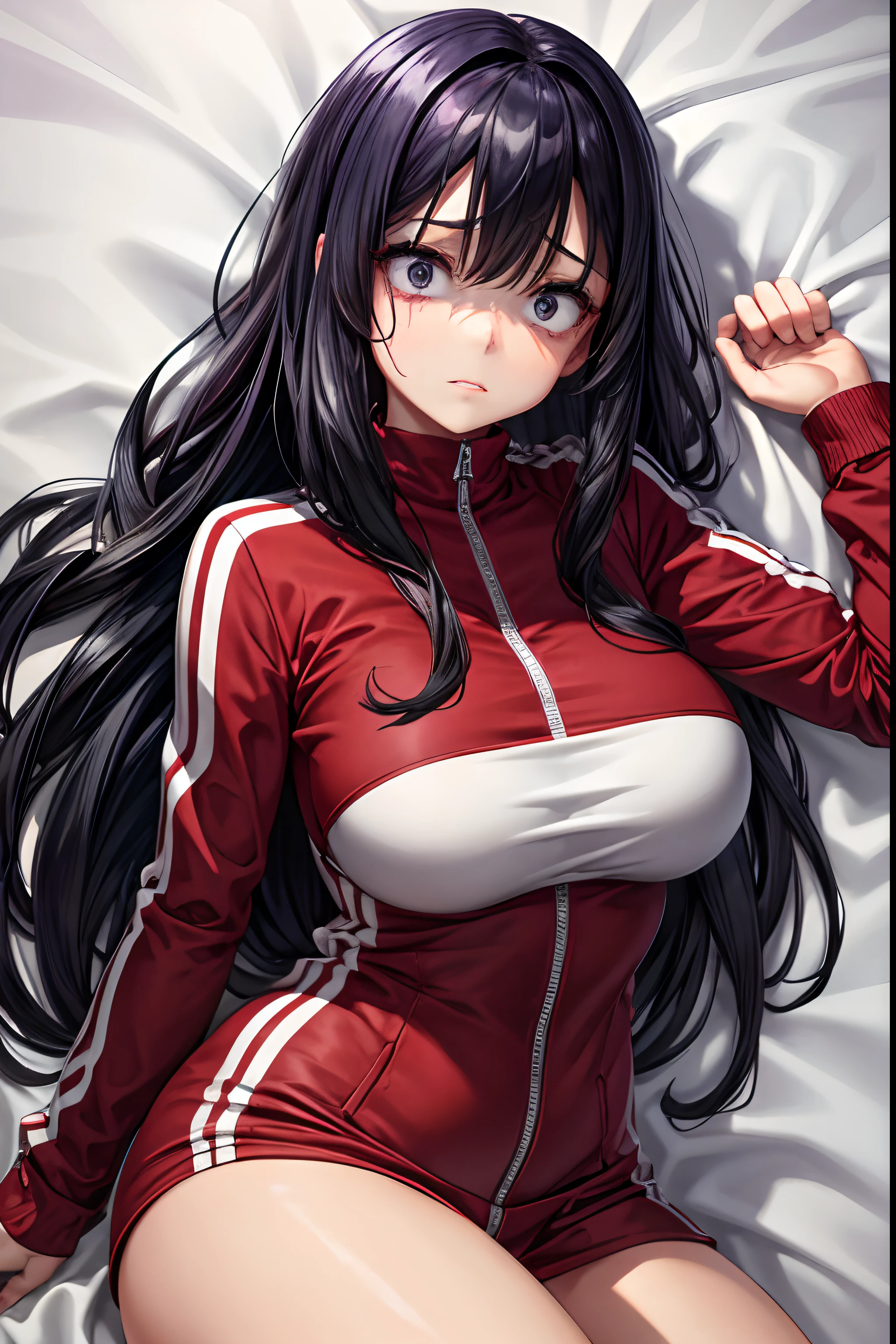 1girl, very long black hair, bangs between eyes, purple eyes, red tracksuit with white stripes, curvy, absurdres, high res, ultrasharp, 8K, looking at viewer (masterpiece), best quality, expressive eyes, perfect face, photorealistic, scared, lying on bed