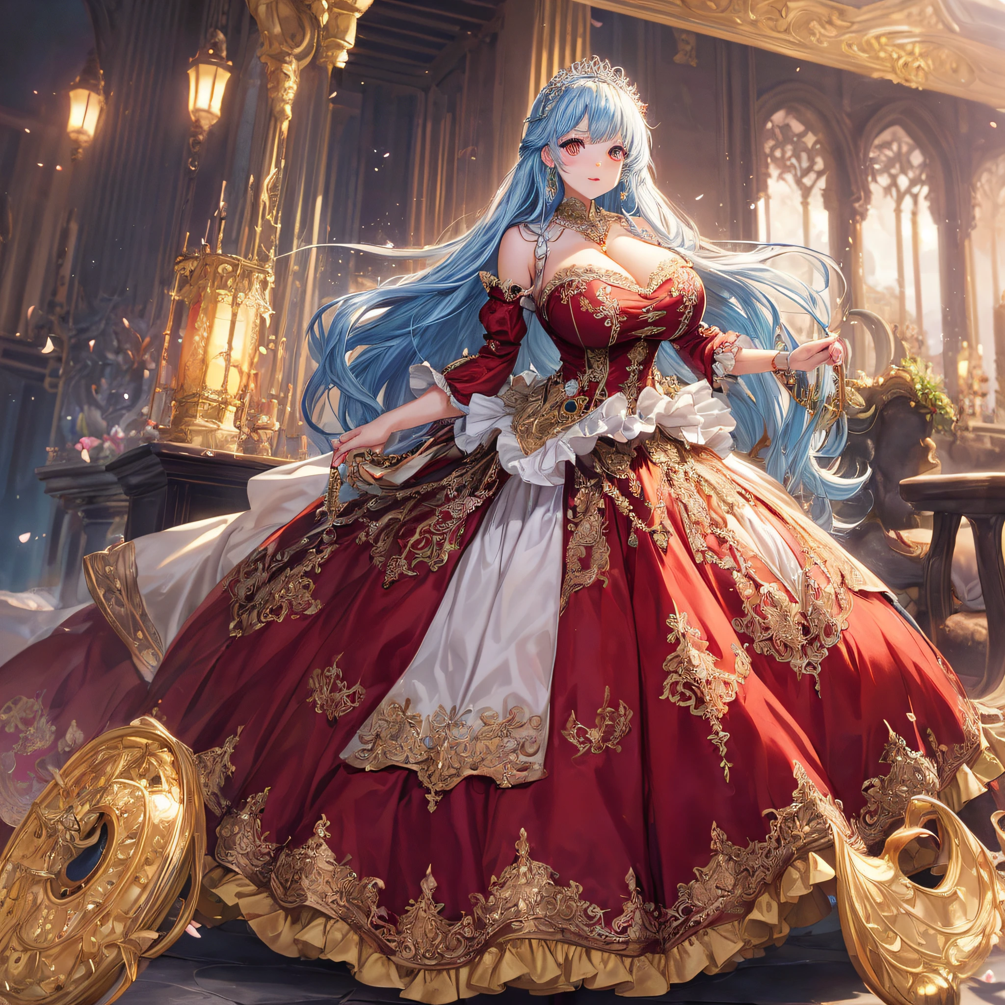 (masterpiece, best quality,extremely detailed:1.1),(moe anime art style:1.2),1girl,(full body),(((solo))), cute, kawaii,digital art,((1 bling-bling anime princess wearing beautiful embroidery and jeweled ruffled gorgeous princess ballgown with voluminous full length hoop skirt)),((crinoline)),long train,voluminous frills,(gorgeous embroidery and beautiful lace),((very gigantic boobs,skindentation)),cleavage,shiny hair,(((very long straight hair))),((finely detailed face and eyes)),clear pupil,extremely gorgeousfull hair ornament,(bling-bling jeweled extremely gorgeousfull tiara),(bling-bling gorgeous gemstone jewelry),long veil,beautiful background,fantasy background,flowers,flower petals flowing,full body,((beautiful embroidery and jeweled ruffled gorgeous princess ballgown with voluminous full length hoop skirt))