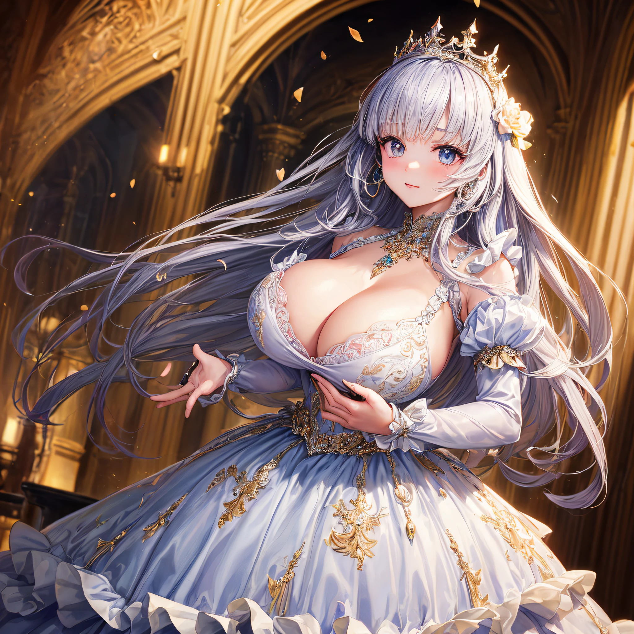 (masterpiece, best quality,extremely detailed:1.1),(moe anime art style:1.2),1girl,(full body),(((solo))), cute, kawaii,digital art,((1 bling-bling anime princess wearing beautiful embroidery and jeweled ruffled gorgeous princess ballgown with voluminous full length hoop skirt)),((crinoline)),long train,voluminous frills,(gorgeous embroidery and beautiful lace),((very gigantic boobs,skindentation)),cleavage,shiny hair,(((very long straight hair))),((finely detailed face and eyes)),clear pupil,extremely gorgeousfull hair ornament,(bling-bling jeweled extremely gorgeousfull tiara),(bling-bling gorgeous gemstone jewelry),long veil,beautiful background,fantasy background,flowers,flower petals flowing,full body,((beautiful embroidery and jeweled ruffled gorgeous princess ballgown with voluminous full length hoop skirt))