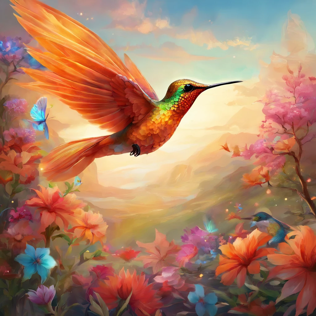 best quality, highres:1.2, ultra-detailed, vibrant colors, detailed feathers, detailed wings, realistic 8k rendering of a hummingbird, beautiful flowers in the background, professional artwork, masterpiece:1.2, art style: surreal, soft lighting, warm color tones
