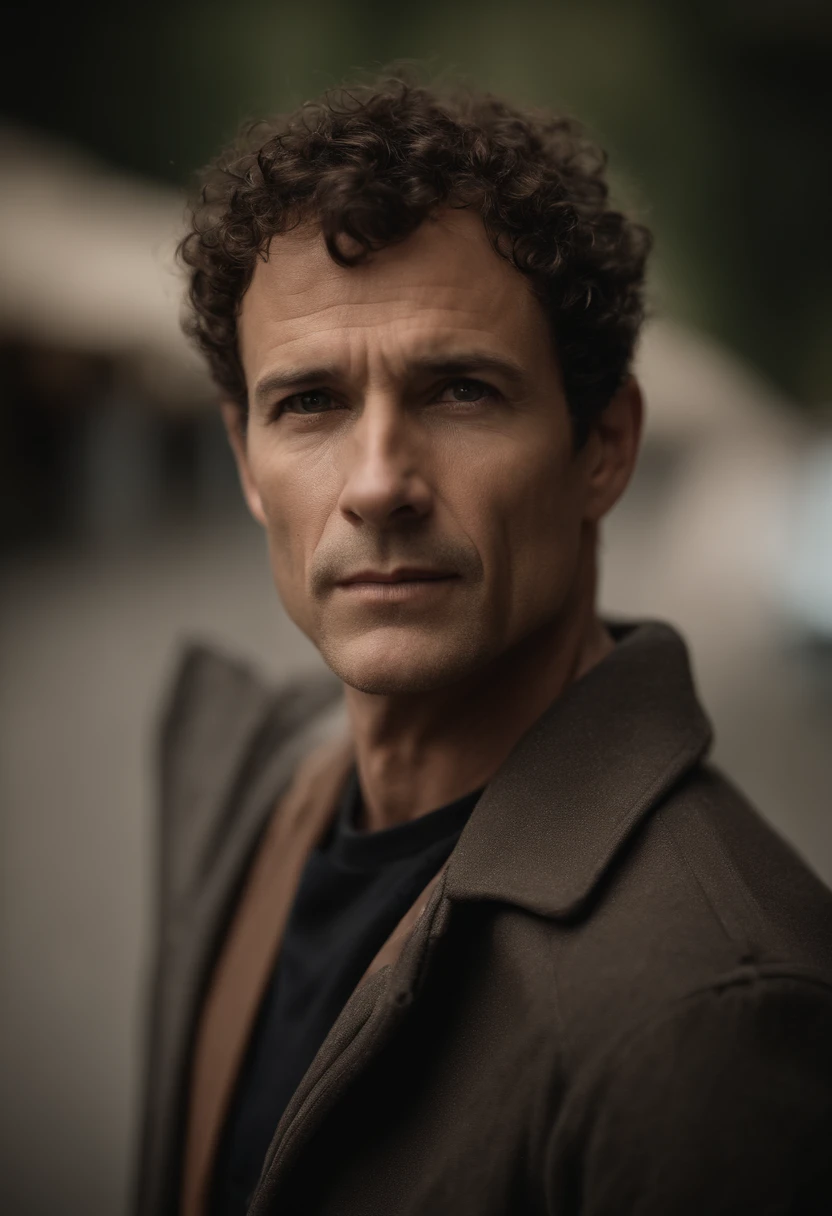 Cinematographic portrait , Un homme Handom, Grand et en forme, (40 ans:1.1), (shaven:1.2), (very short brown fine hair a little curly:1.5),(very short fine hair:1.6). costume moulant noir, chemise blanche . minimalist background, Composition propre, Strong details, muted colors, Hasselblad, style brut