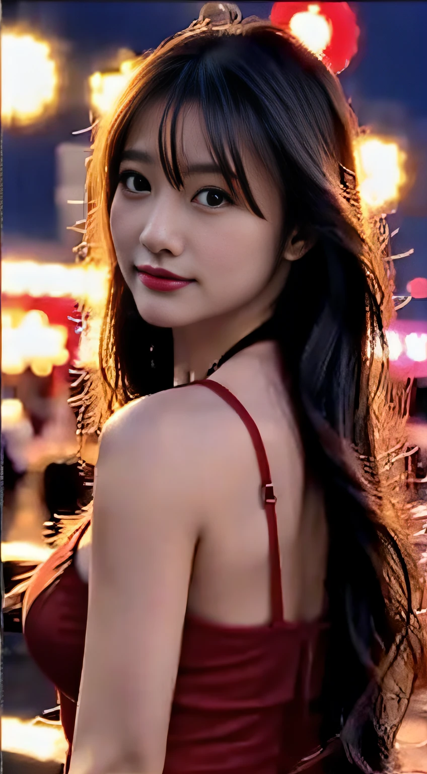 top-quality。8K-Picture。Ultra-high pixel。The background is the city at night。girl with。hair is long and slightly wavy,,,,,,,,,,,,,,,,,,,,,,,,,,,,,,,,。The color is dark brown。Glamour style、((huge-breasted:1.6))。wearing red dress、Photos dancing brilliantly。Delicate finish overall。The body line is gorgeous。legs are long、Wear red high heels。Hair shines like a reflection of the street。The eyeball reflects the surrounding landscape。The skin is wet with night dew。Almost perfect woman。time々In close-up of the upper body。
