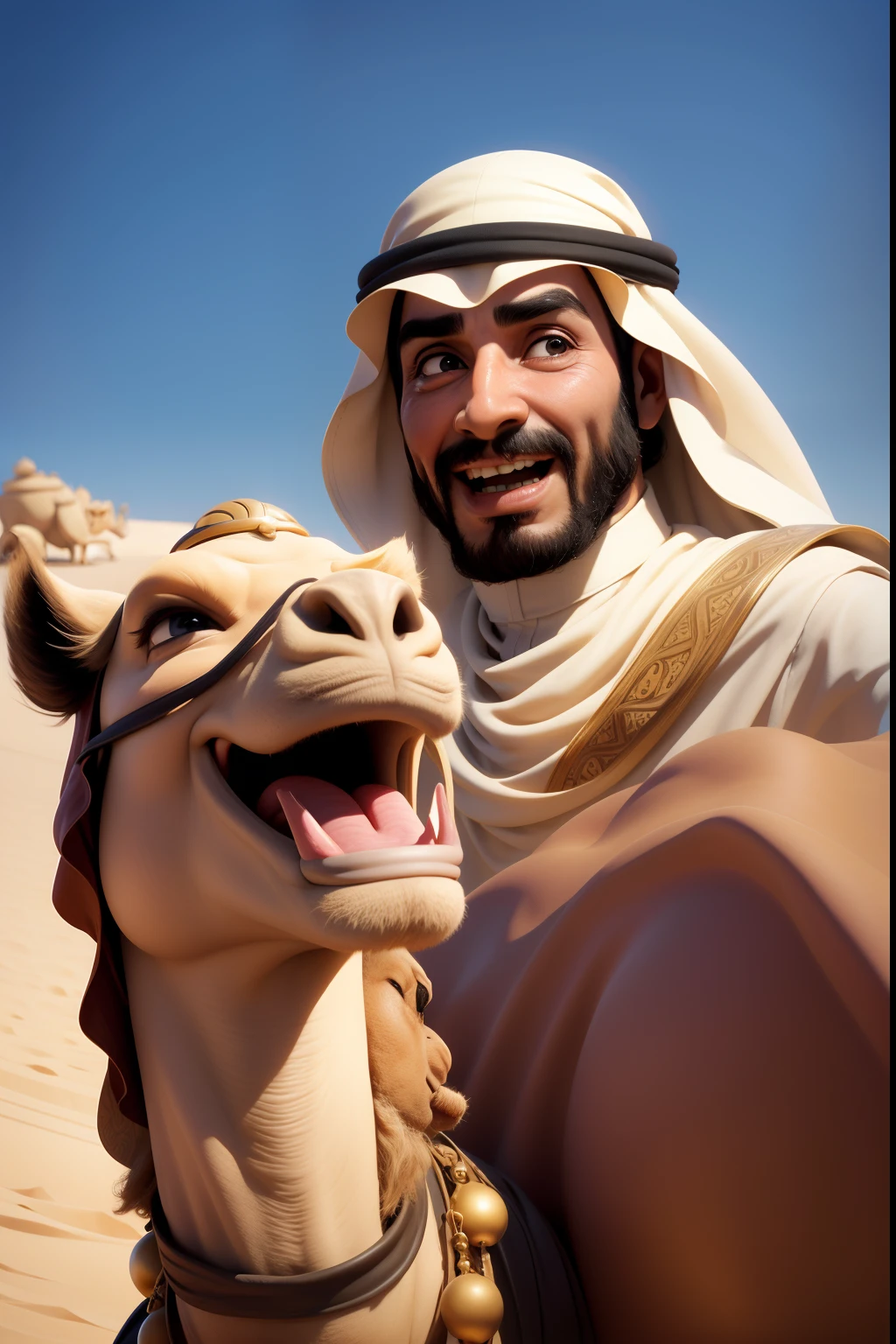 Funny and very cheerful Saudi man. And a funny sad face of a camel. Close-up. Super realistic. cinematic. Disney cartoon. Blurred desert background. Light haze.