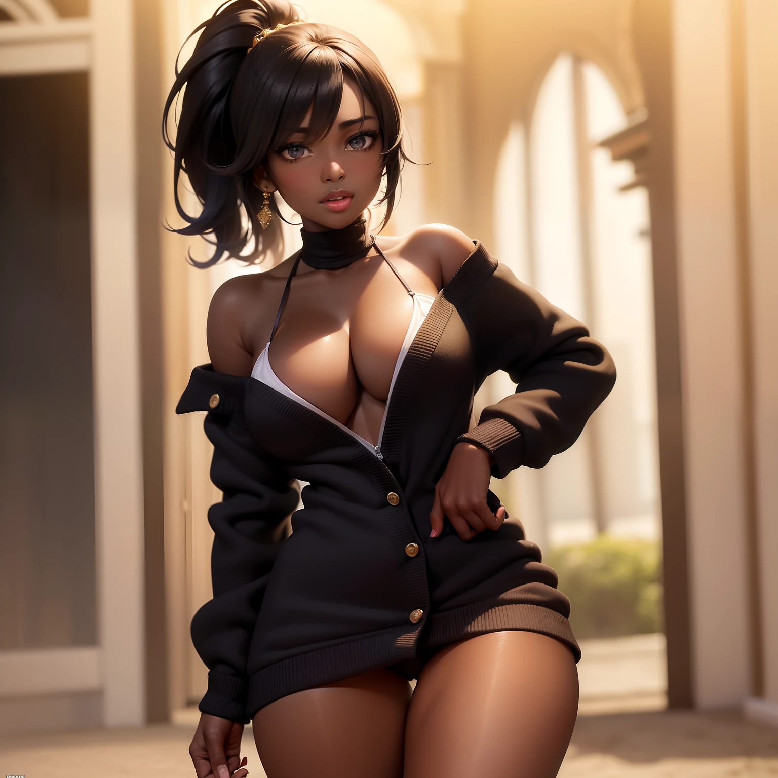 ((African dark skin, very deep ebony skin)), ((her beauty is undeniable)), ((excited cute face)), ((hyper detailed perfect eyes,)), ((cute pose)), ((tongue out)), ((seductive )), sexy, (( Solid Drop Shoulder Open Front Cardigan )), ((African long ponytail hair,)), (( skin)), ((standing, front view)), ((touching her own legs in a sexy pose)), ((outdoors, public city)), sharp focus cgi, , high detail, , masterpiece, absurdres, best quality, HDR, high quality, high-definition, extremely detailed, 8k wallpaper, intricate details, 8K uhd, Full-HD, ( photo:1.2), contrast, harsh lighting, cinematic lighting, natural lighting, hard light, backlighting, global illumination, ambient occlusion