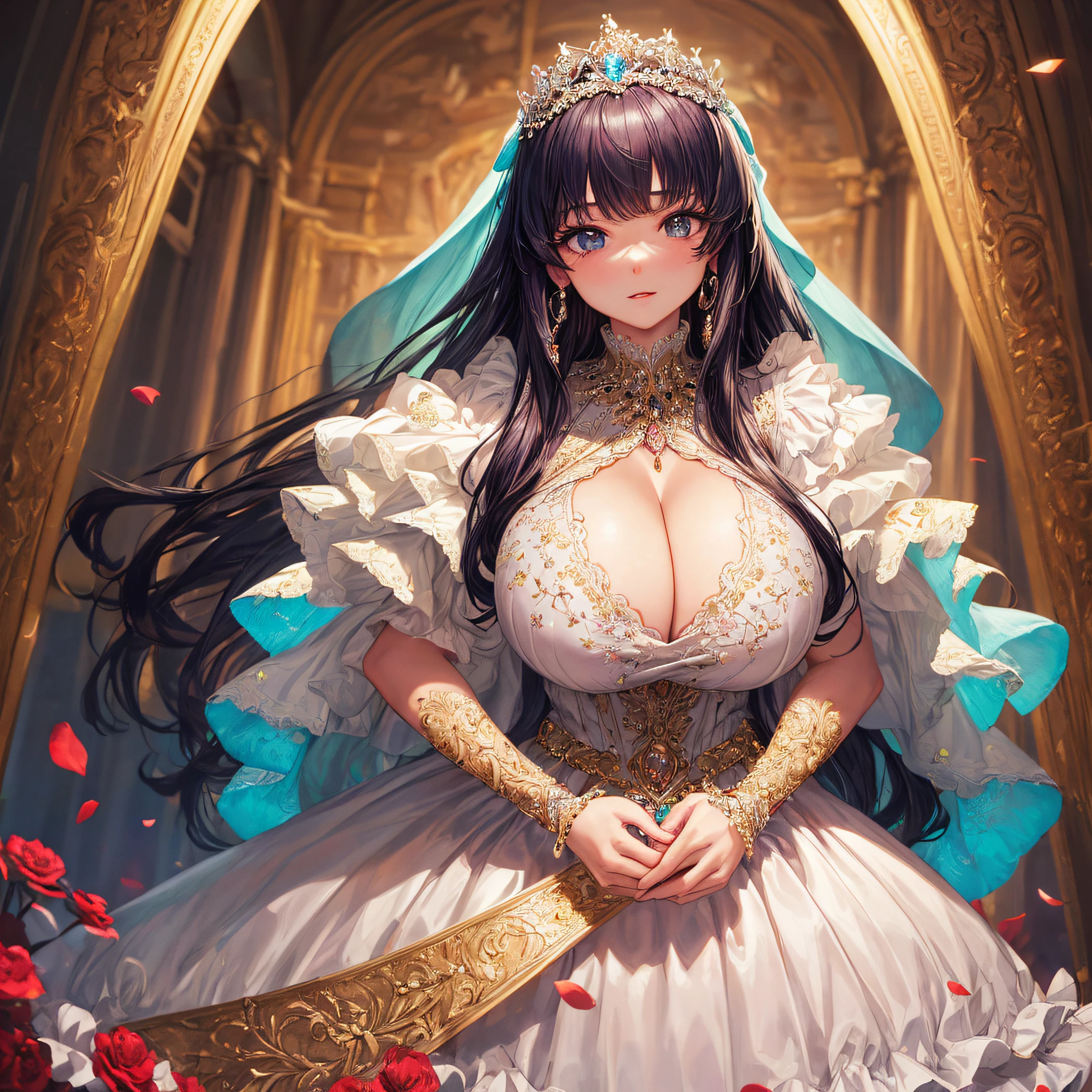 (masterpiece, best quality,extremely detailed:1.1),(moe anime art style:1.2),1girl,(full body),(((solo))), cute, kawaii,digital art,((1 bling-bling anime princess wearing beautiful embroidery and jeweled ruffled gorgeous princess ballgown with voluminous full length hoop skirt)),((crinoline)),long train,voluminous frills,(gorgeous embroidery and beautiful lace),((very gigantic boobs,skindentation)),cleavage,shiny hair,(((very long straight hair))),((finely detailed face and eyes)),clear pupil,extremely gorgeousfull hair ornament,(bling-bling jeweled extremely gorgeousfull tiara),(bling-bling gorgeous gemstone jewelry),long veil,beautiful background,fantasy background,flowers,flower petals flowing,full body,((beautiful embroidery and jeweled ruffled gorgeous princess ballgown with voluminous full length hoop skirt))