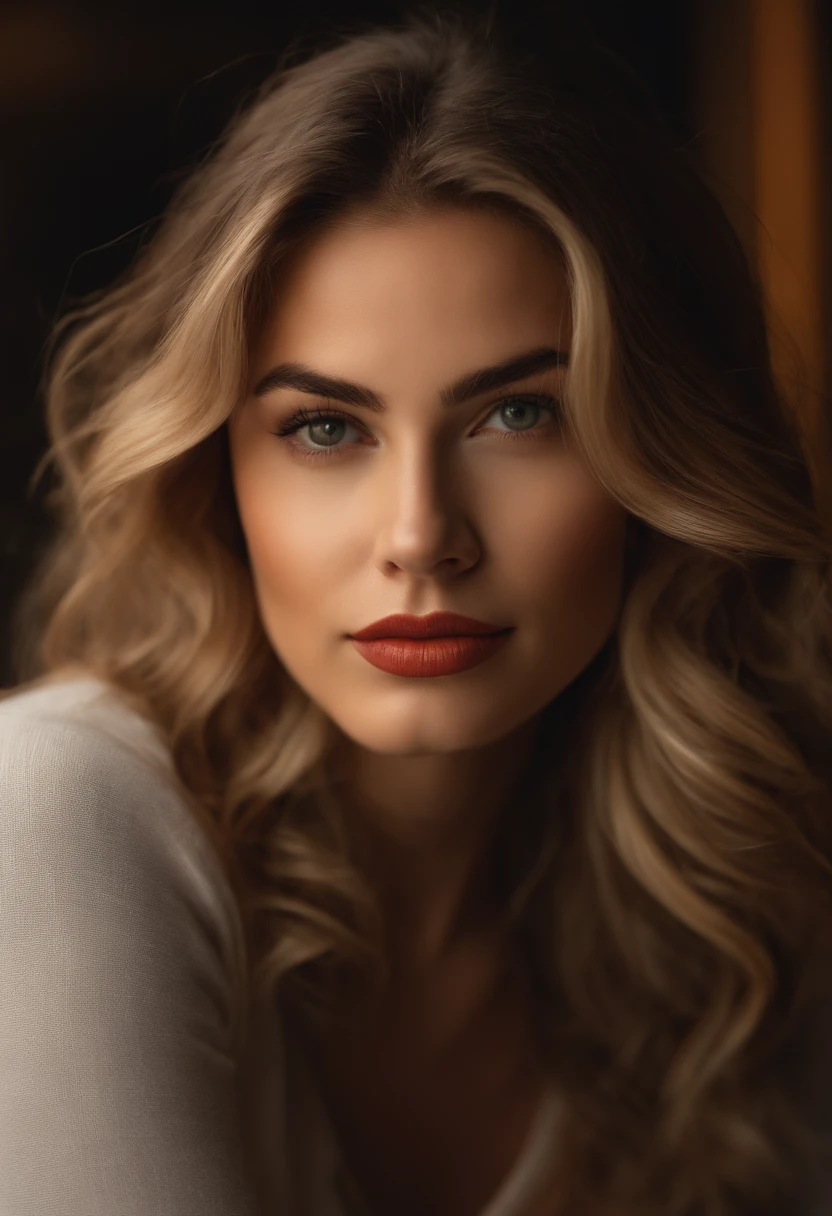 Una mujer joven y hermosa, cabello rubio que cae suavemente en ondas hasta los hombros, altura mediana, Ojos grandes y verdes, piel clara, She's in casual clothes, She's at a desk looking straight ahead., The environment is illuminated with lights of warm and pleasant colors making your hair shine, Su semblante es naturalmente sereno, lips with red lipstick, textura 8k, Altamente detallado, realista, soft cinematic light, HDR, foco nítido, obra-prima, fotorrealista, rewarded photography, Canon EOS R5, 35 mm