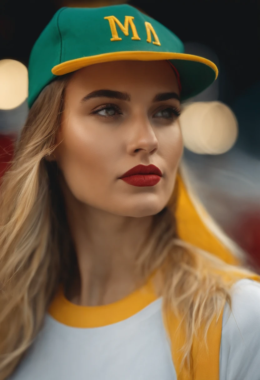 ortrait de uma mulher bonita, {Branco,verde,amarelo} long hair wearing red cap,  baseball cap, {azul,amarelo} Background Story, Cor pura, Facial Closeup, side view, Geometric, minimalismo, flat illustration,Close-up facial