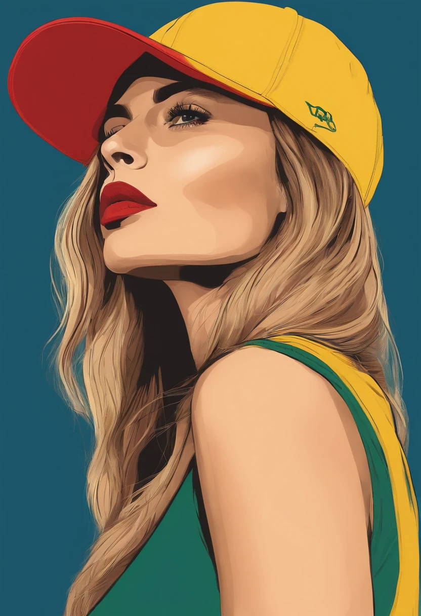 ortrait de uma mulher bonita, {Branco,verde,amarelo} long hair wearing red cap, baseball cap, {azul,amarelo} Background Story, Cor pura, Facial Closeup, side view, Geometric, minimalismo, flat illustration,Close-up facial