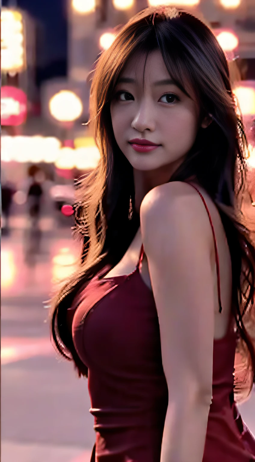 top-quality。８K-Picture。Ultra-high pixel。The background is the city at night。girl with。hair is long and slightly wavy,,,,,,,,,,,,,,,,,,,,,,,,,,,,,,,,,。The color is dark brown。Glamour style、((huge-breasted：1.6))。wearing red dress、Photos dancing brilliantly。Delicate finish overall。The body line is gorgeous。legs are long、Wear red high heels。Hair shines like a reflection of the street。The eyeball reflects the surrounding landscape。The skin is wet with night dew。Almost perfect woman。time々In close-up of the upper body。