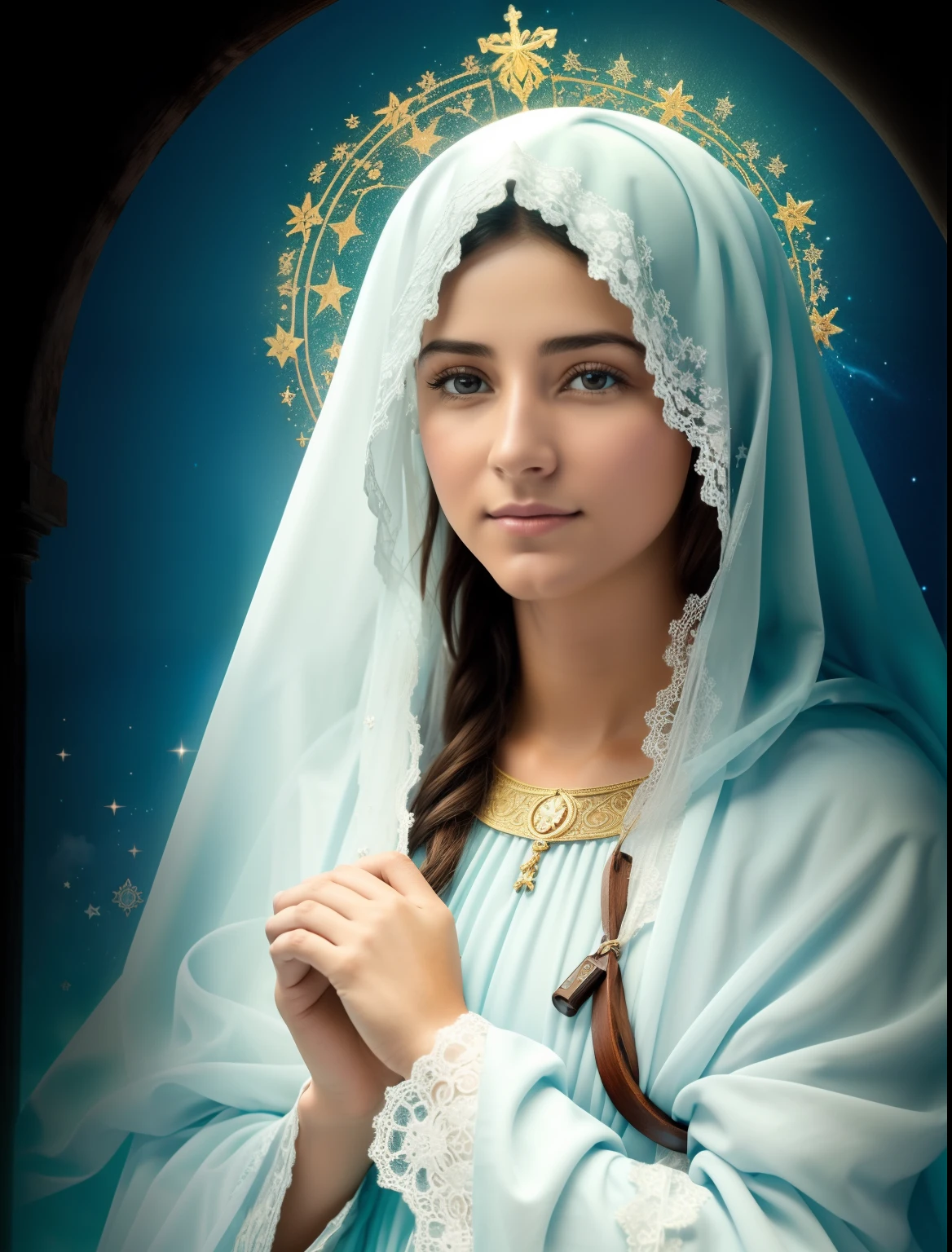 (((Blessed Virgin Mary of Mount Carmel))) Obra maestra, (La mejor calidad: 1.2), (super fine: 1.2), illustration, (extremadamente delicado y hermoso: 1.2), movie angle, flotante, (Hermoso ojo de detalle: 1.1), (detalle luz: 1.1), Movie Lights, Cielo delicado, ojos azules, (Cola de caballo alta: 1.1), capa, ojuelos, cielo estrellado, (light particles: 1.1) dibujo, flor. (Obra maestra), (La mejor calidad), (fotorrealista:1.3), 8k, Textura detallada de la piel, Textura detallada de la tela, Hermosa cara detallada, Detalles intrincados, Ultra detallado (cuerpo de cuerpo entero:1.2)