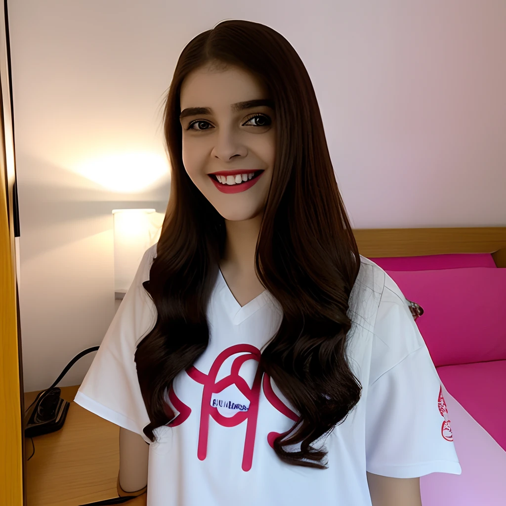Menina no seu quarto, ela olhando para o telecpectador e o fundo atras sendo o quarto dela