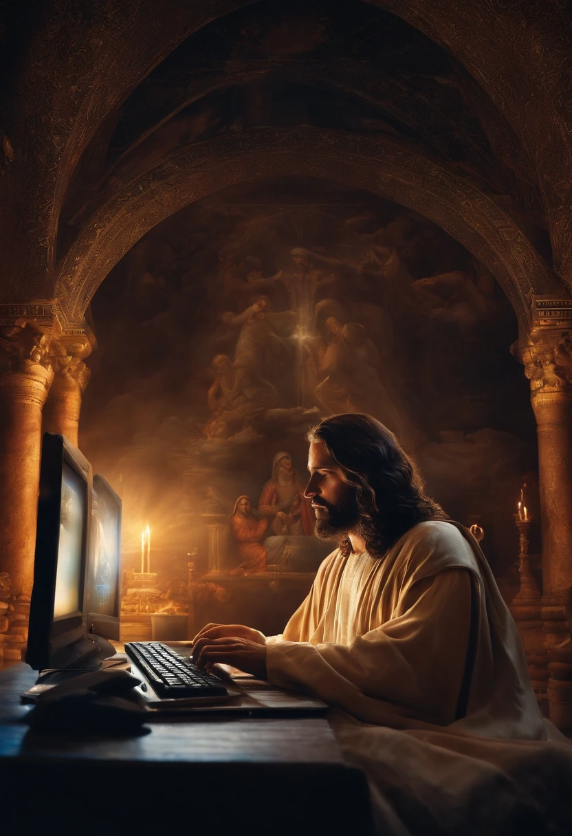 Describe a scene in which God is represented as Jesus, Sitting in front of a computer typing on the computer keyboard, creating the world in the background of the image