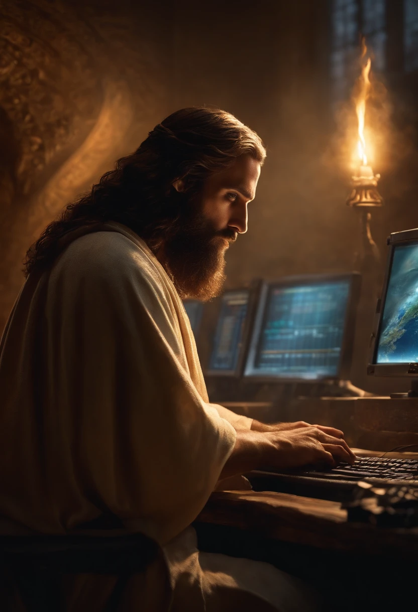 Describe a scene in which God is represented as Jesus, Sitting in front of a computer typing on the computer keyboard, creating the world in the background of the image
