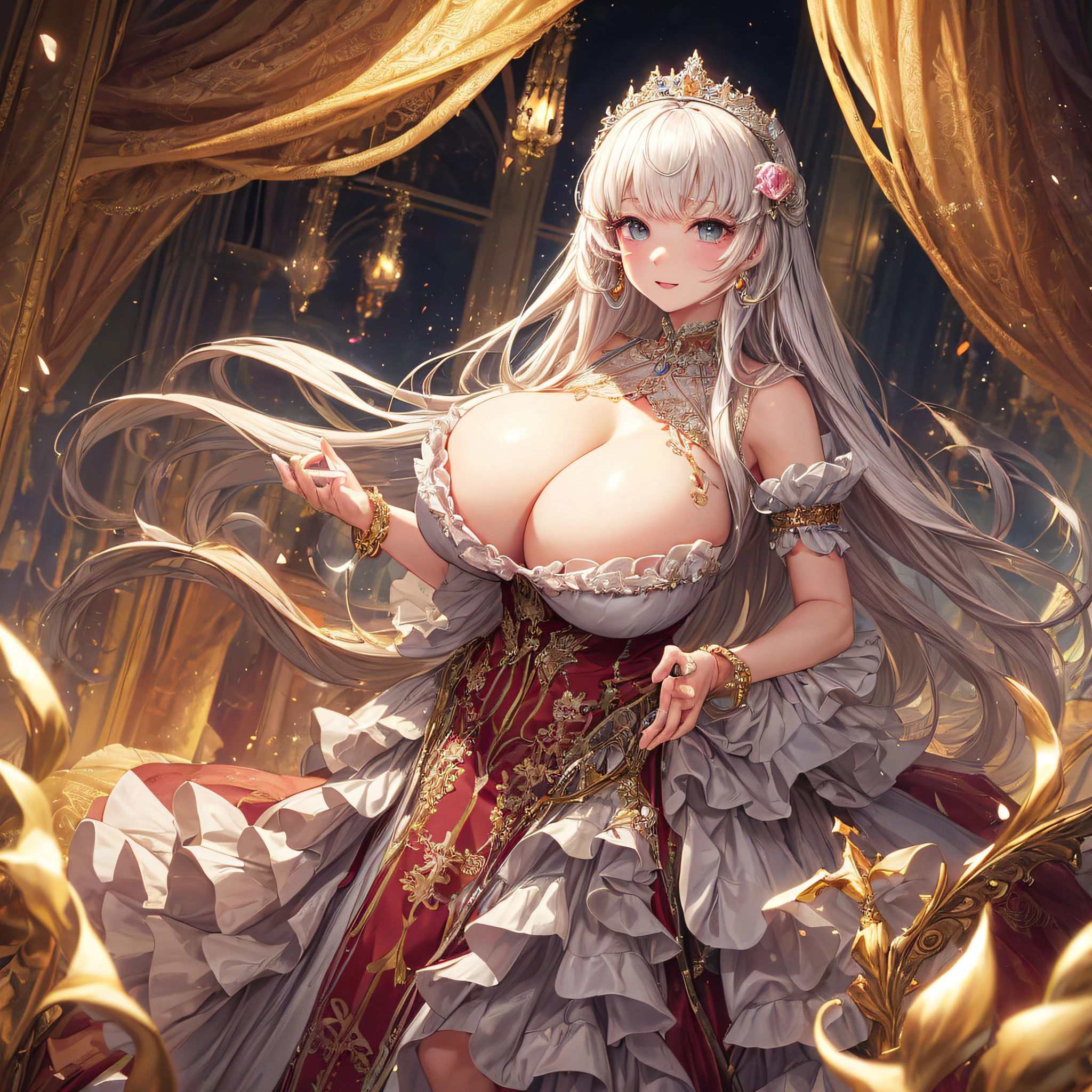 (masterpiece, best quality,extremely detailed:1.1),(moe anime art style:1.2),1girl,(full body),(((solo))), cute, kawaii,digital art,((1 bling-bling anime princess wearing beautiful embroidery and jeweled ruffled gorgeous princess ballgown with voluminous full length hoop skirt)),((crinoline)),long train,voluminous frills,(gorgeous embroidery and beautiful lace),((very gigantic boobs,skindentation)),cleavage,shiny hair,(((very long straight hair))),((finely detailed face and eyes)),clear pupil,extremely gorgeousfull hair ornament,(bling-bling jeweled extremely gorgeousfull tiara),(bling-bling gorgeous gemstone jewelry),long veil,beautiful background,fantasy background,flowers,flower petals flowing,full body,((beautiful embroidery and jeweled ruffled gorgeous princess ballgown with voluminous full length hoop skirt))