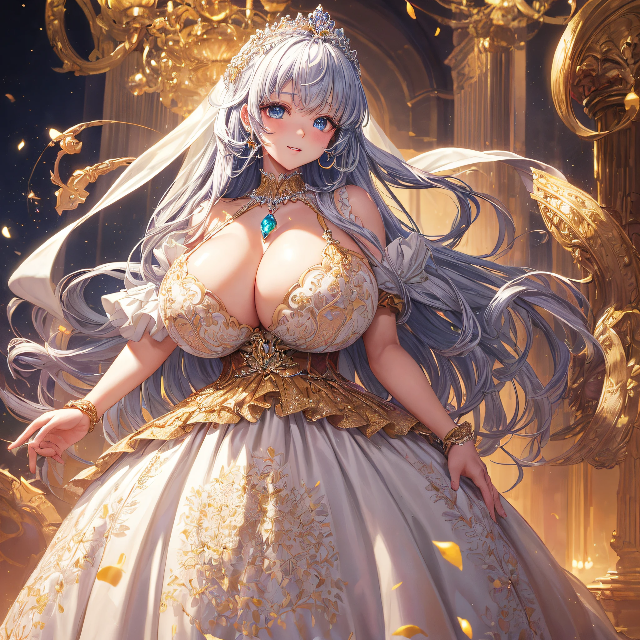 (masterpiece, best quality,extremely detailed:1.1),(moe anime art style:1.2),1girl,(full body),(((solo))), cute, kawaii,digital art,((1 bling-bling anime princess wearing beautiful embroidery and jeweled ruffled gorgeous princess ballgown with voluminous full length hoop skirt)),((crinoline)),long train,voluminous frills,(gorgeous embroidery and beautiful lace),((very gigantic boobs,skindentation)),cleavage,shiny hair,(((very long straight hair))),((finely detailed face and eyes)),clear pupil,extremely gorgeousfull hair ornament,(bling-bling jeweled extremely gorgeousfull tiara),(bling-bling gorgeous gemstone jewelry),long veil,beautiful background,fantasy background,flowers,flower petals flowing,full body,((beautiful embroidery and jeweled ruffled gorgeous princess ballgown with voluminous full length hoop skirt))