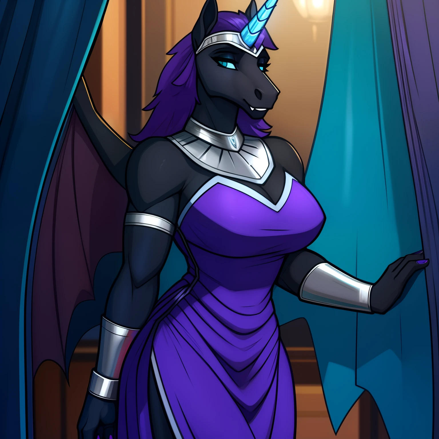 Tall_lithe_muscular_mature_unicorn female dark_purple_mane wavy_mane black_furry_body teal_eyes slit_pupils majestic solo Masterpiece best_quality absurdres highly_detailed gown_with_silver_trim silver_circlet silver_gorget silver_bracers cleanly_drawn_eyes fangs bat_wings purple_eyeshadow horse_snout anthro_only by_claweddrip, by_greasymojo, by_underscore-b, by_runawaystride