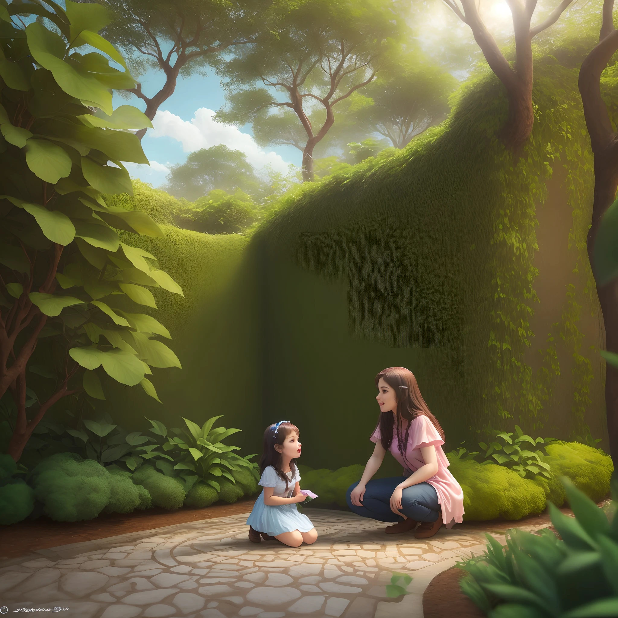 Amizade com as Criaturas em um jardim magico um menino e uma menina